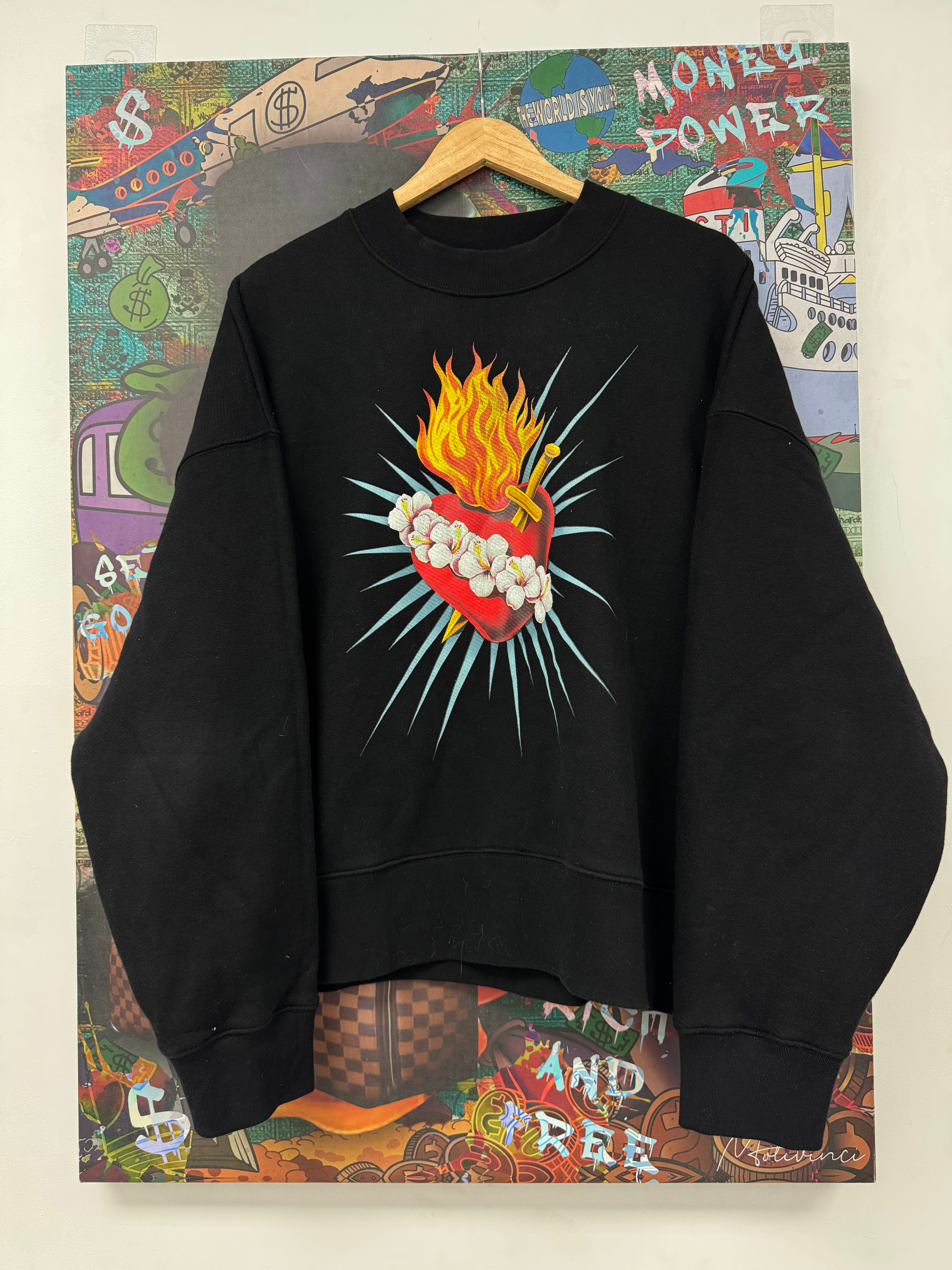 Palm Angels Flame Heart Crewneck Black Used Large