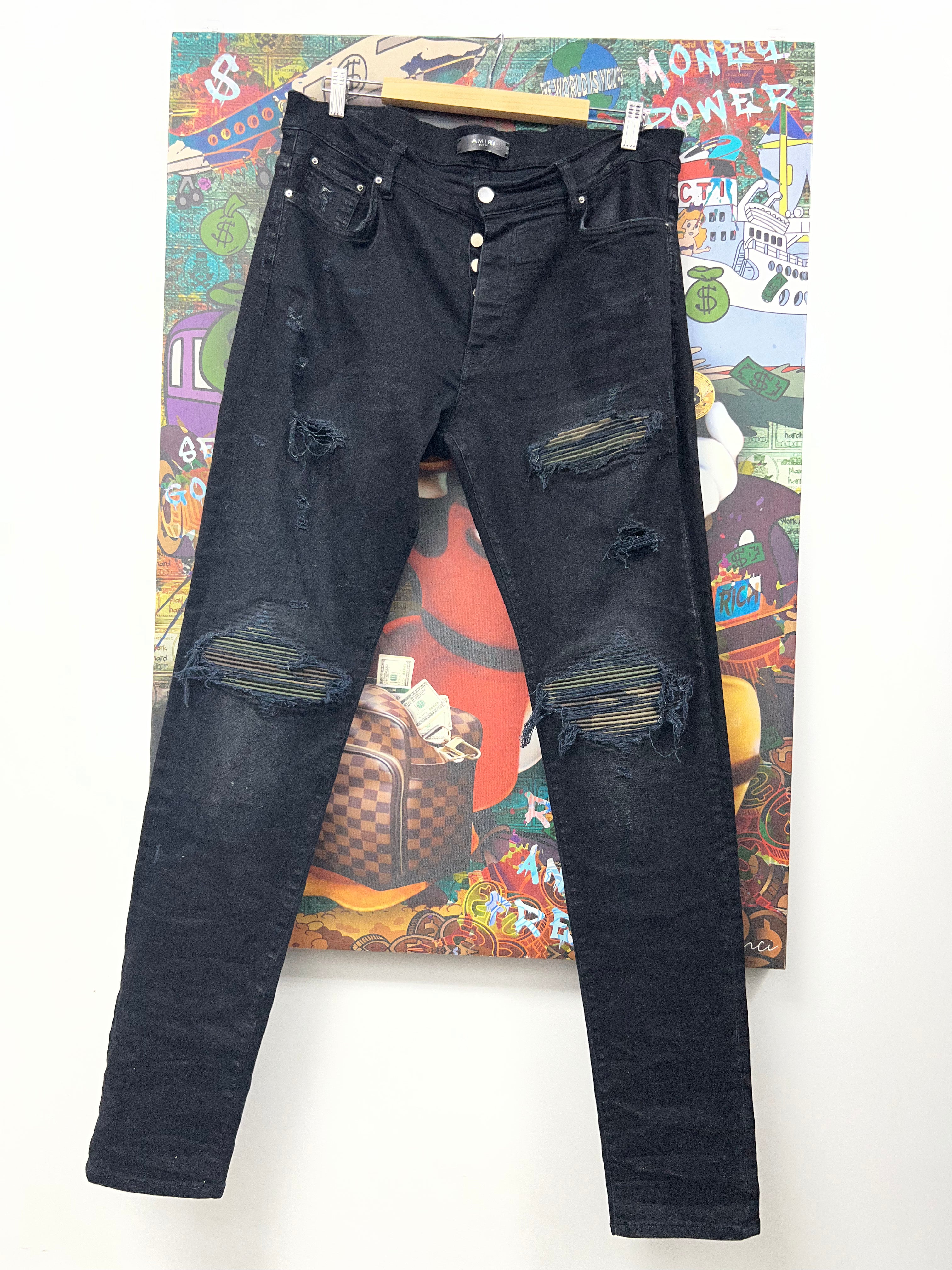 Amiri MX1 Black Wash Camo Patch Jeans