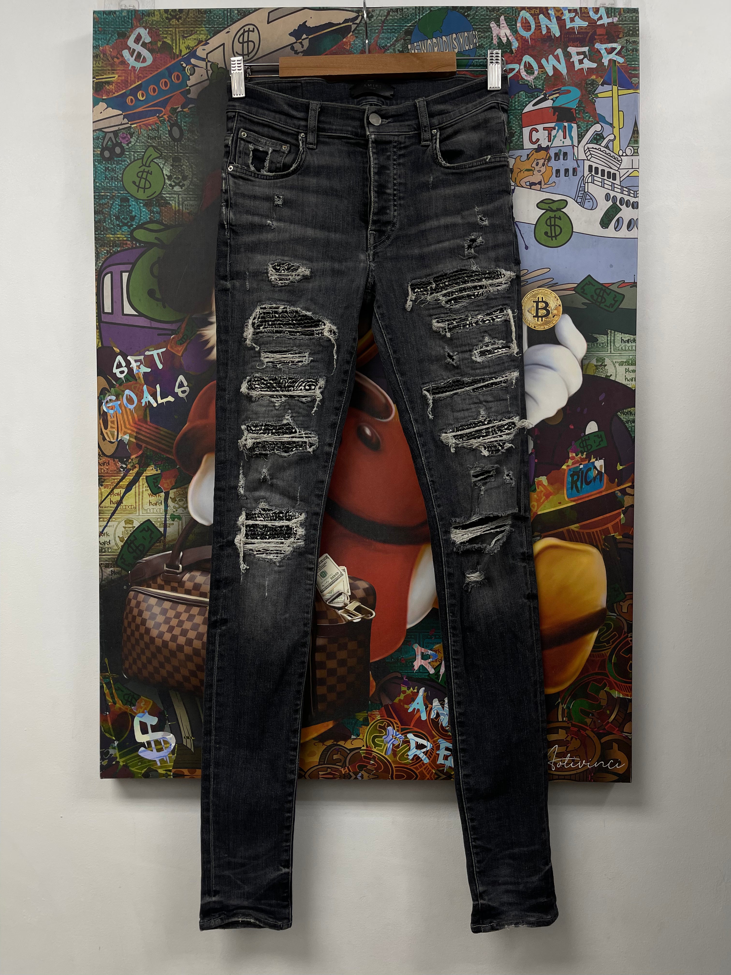 Amiri Grey Black Paisley Thrasher Jeans