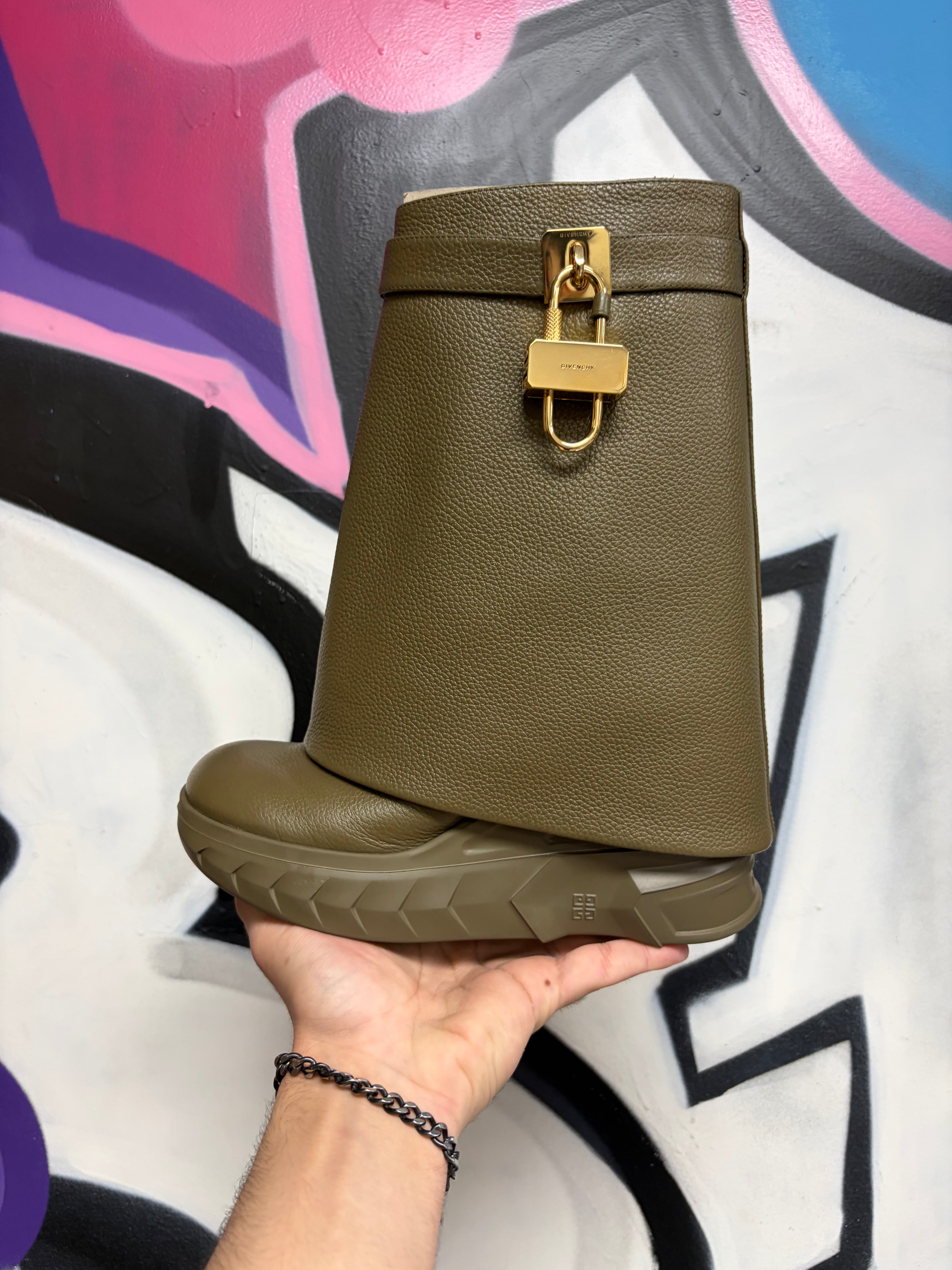 Givenchy Olive Shark Lock Biker Boots