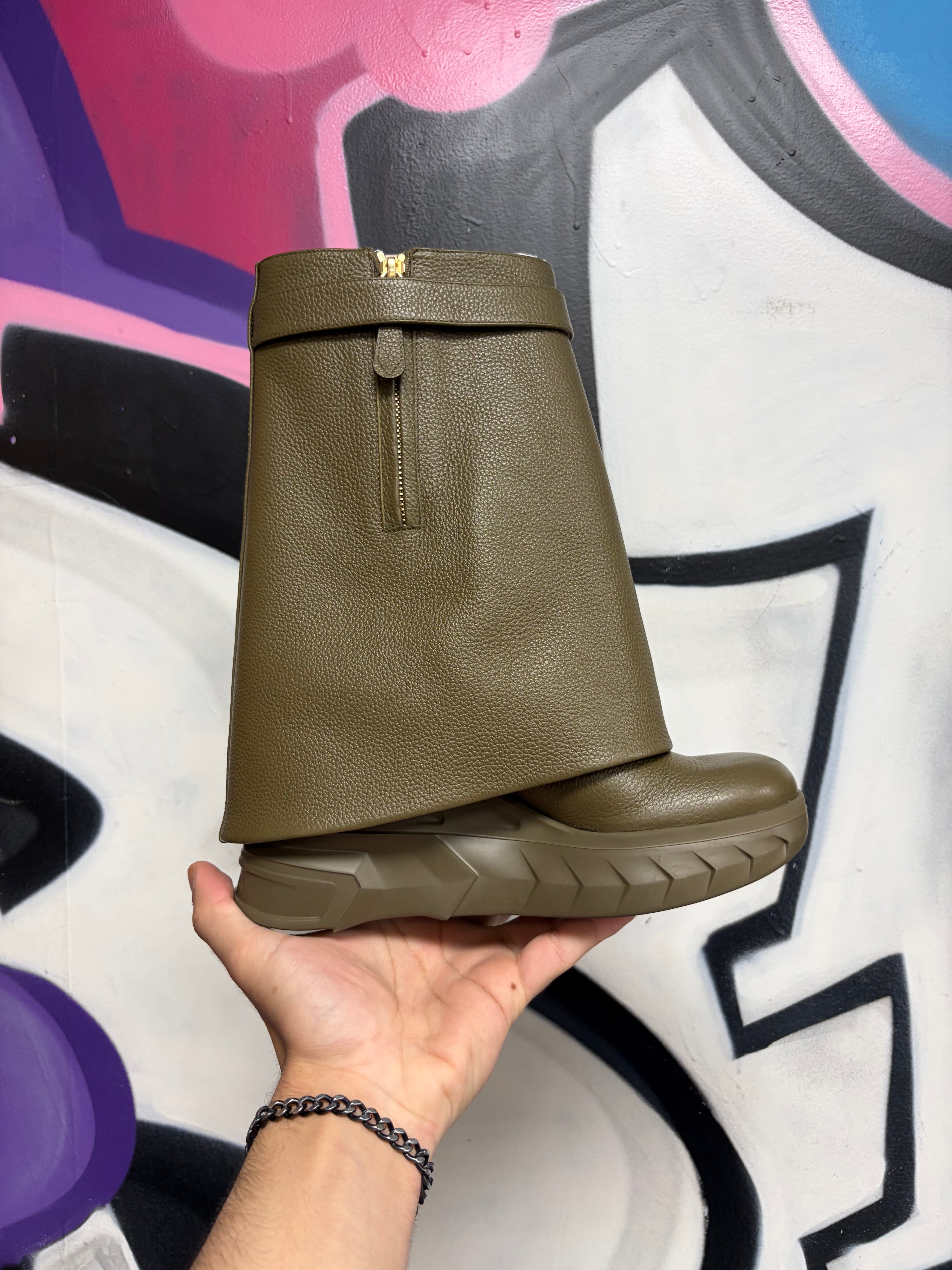 Givenchy Olive Shark Lock Biker Boots