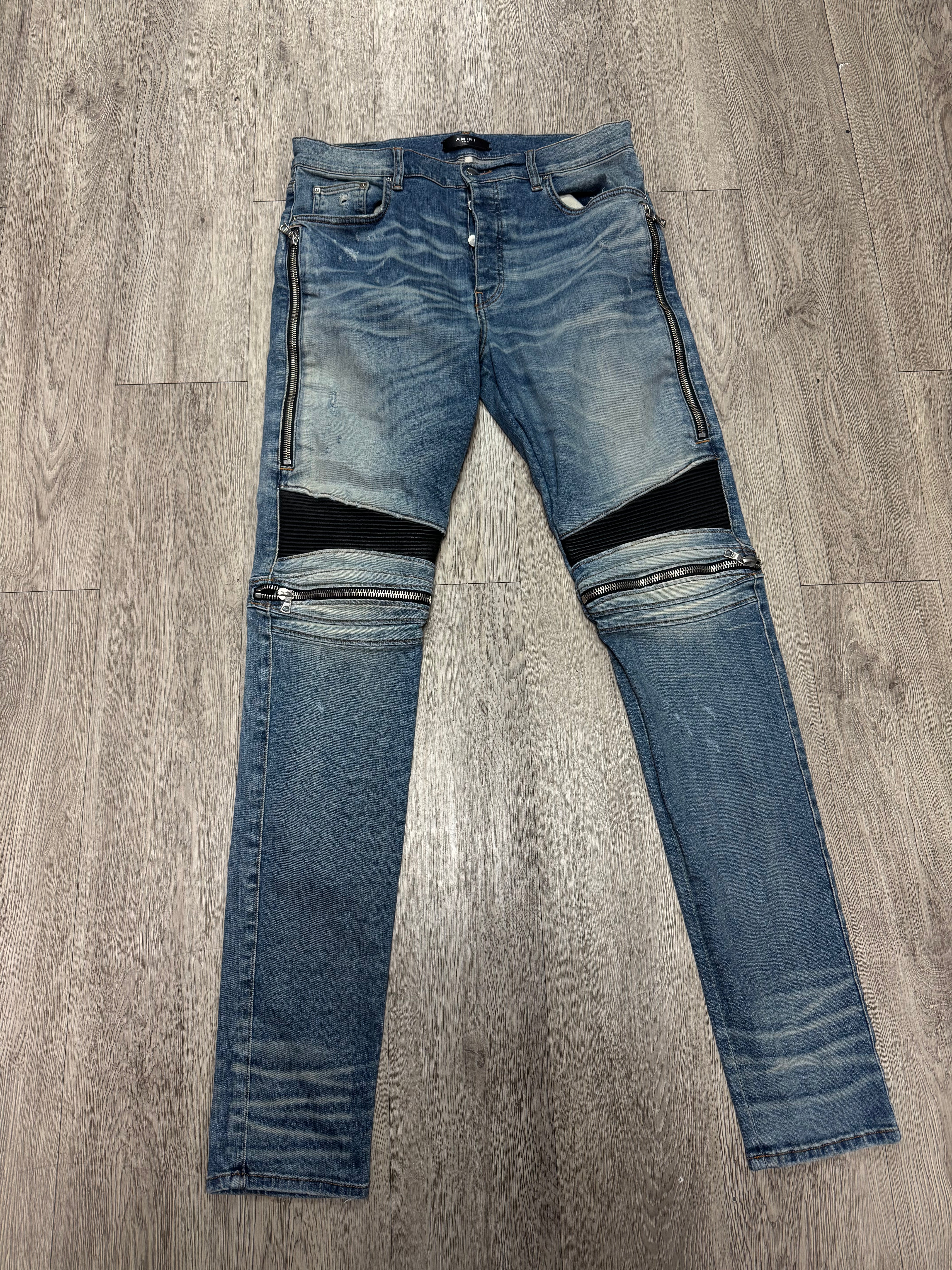 Amiri Light Wash Black Leather Patch MX2 Jeans