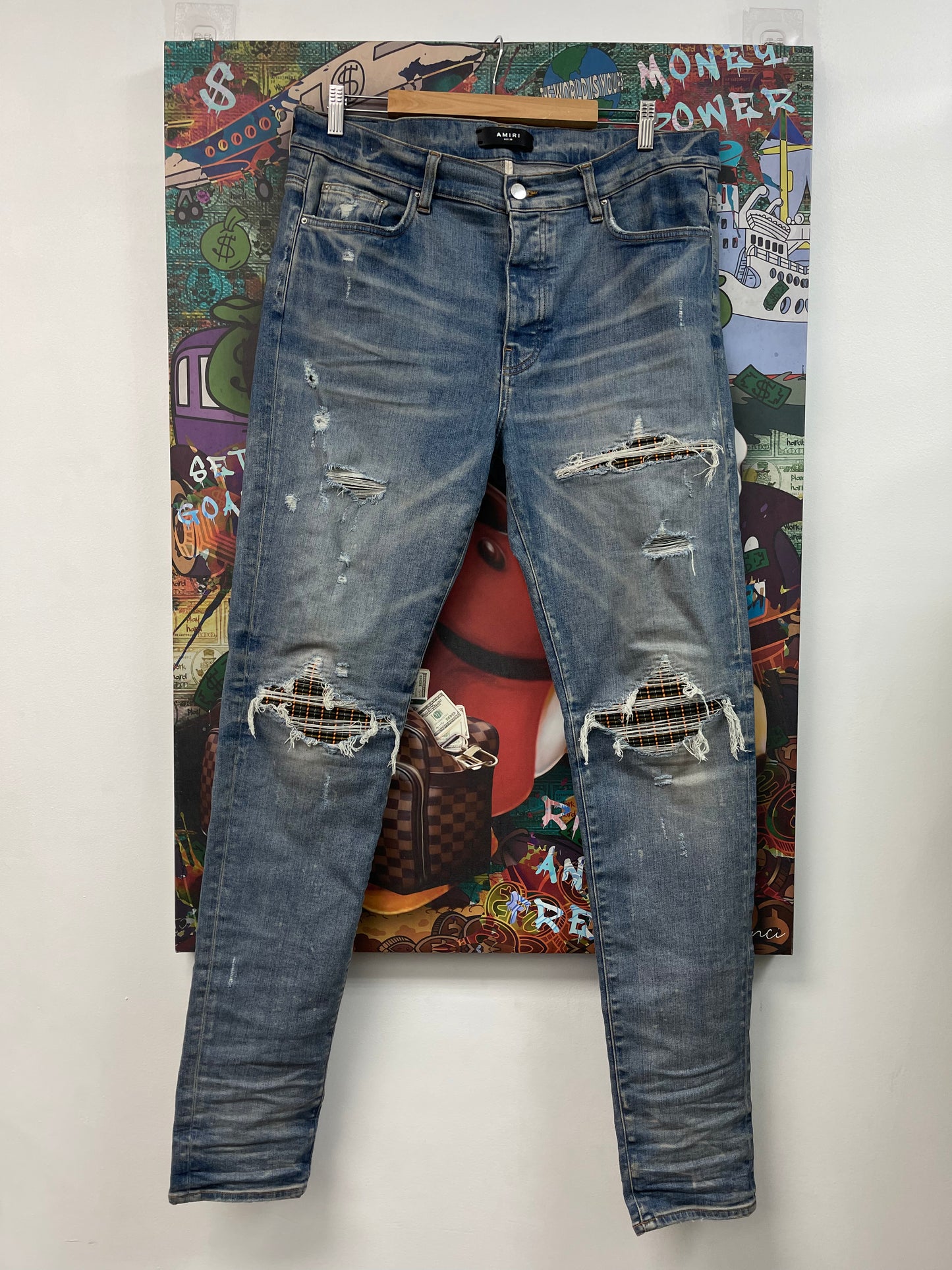 Amiri MX1 Light Wash Orange Plaid Grid Jeans