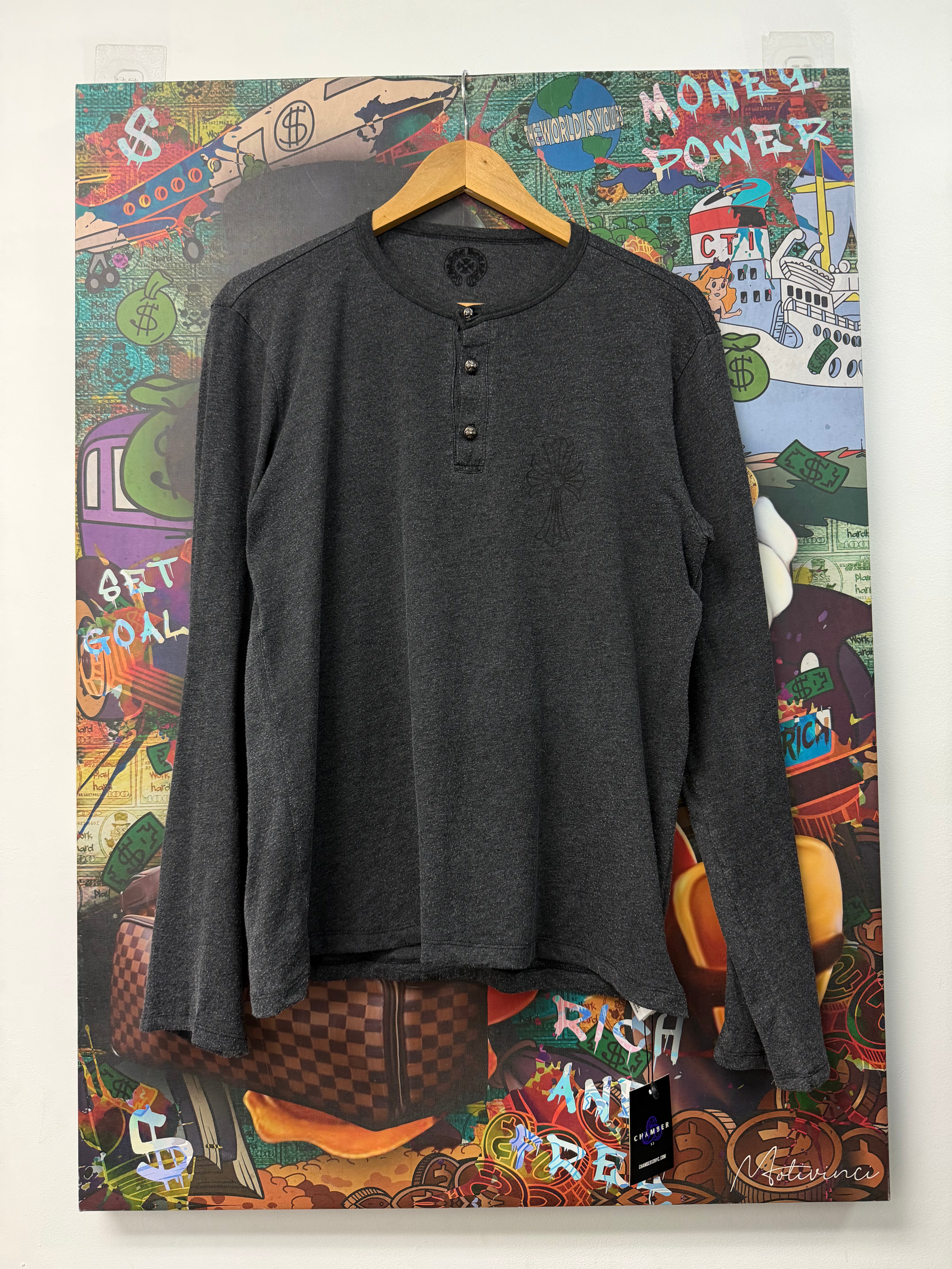 Chrome Hearts Grey Black Cross Henley Long Sleeve