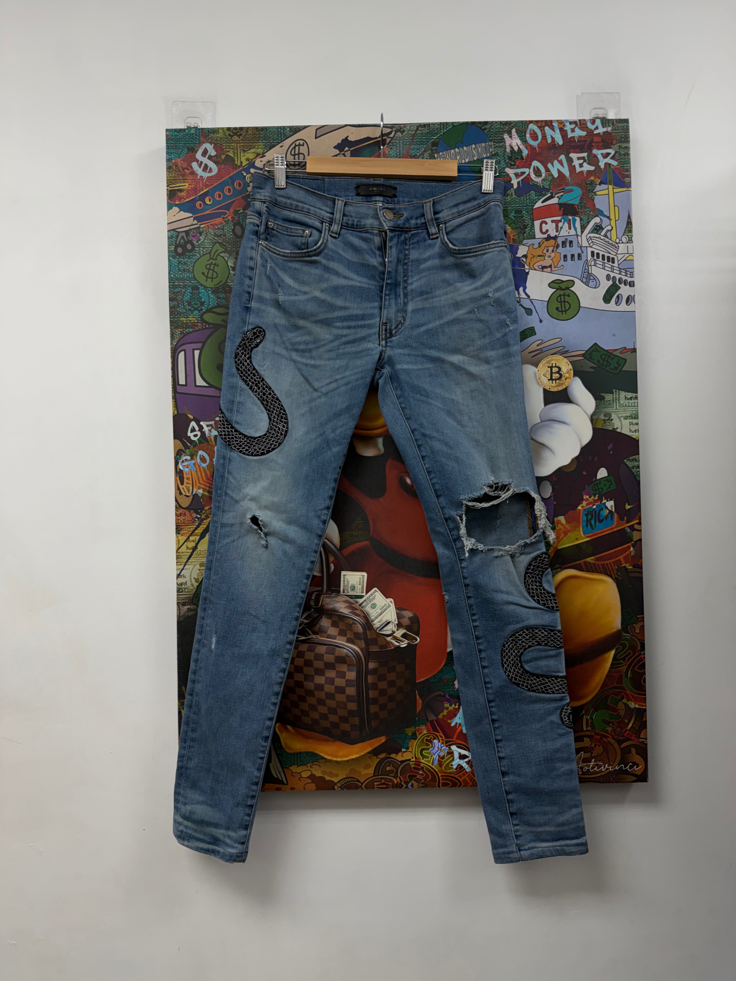Amiri Light Wash Crystal Snake Jeans