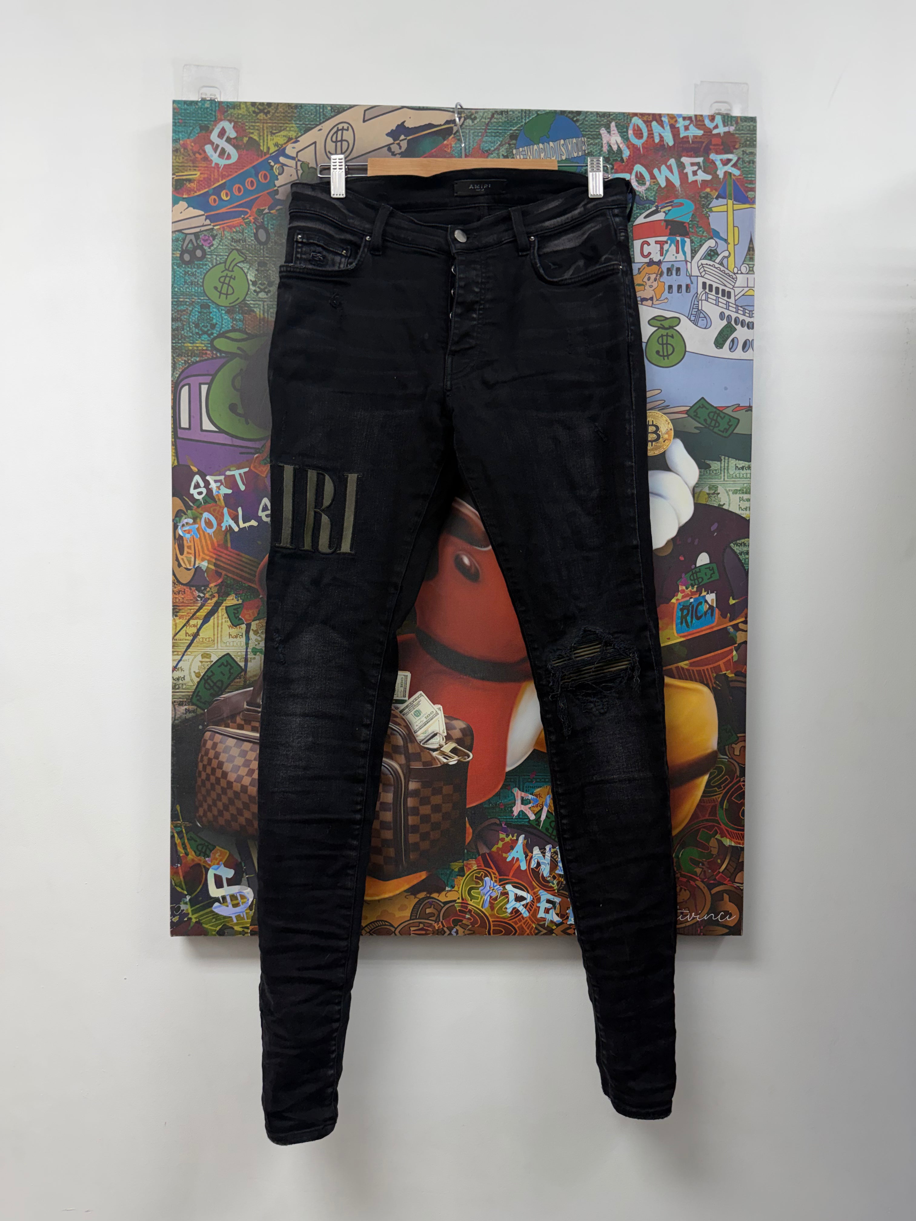 Amiri Black Wash Camo Patch Side Jeans
