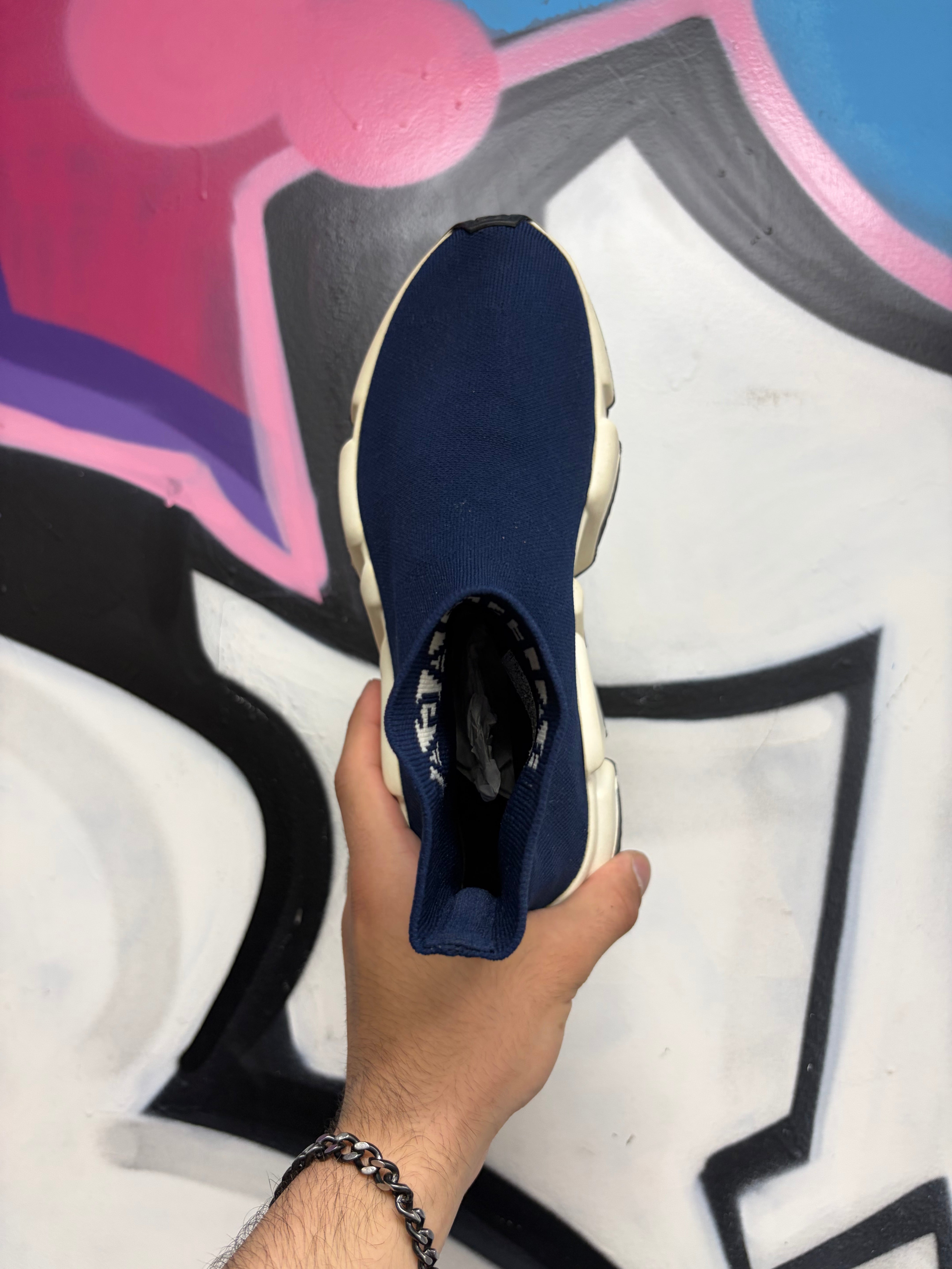 Balenciaga Navy White Sock Runner Sneakers