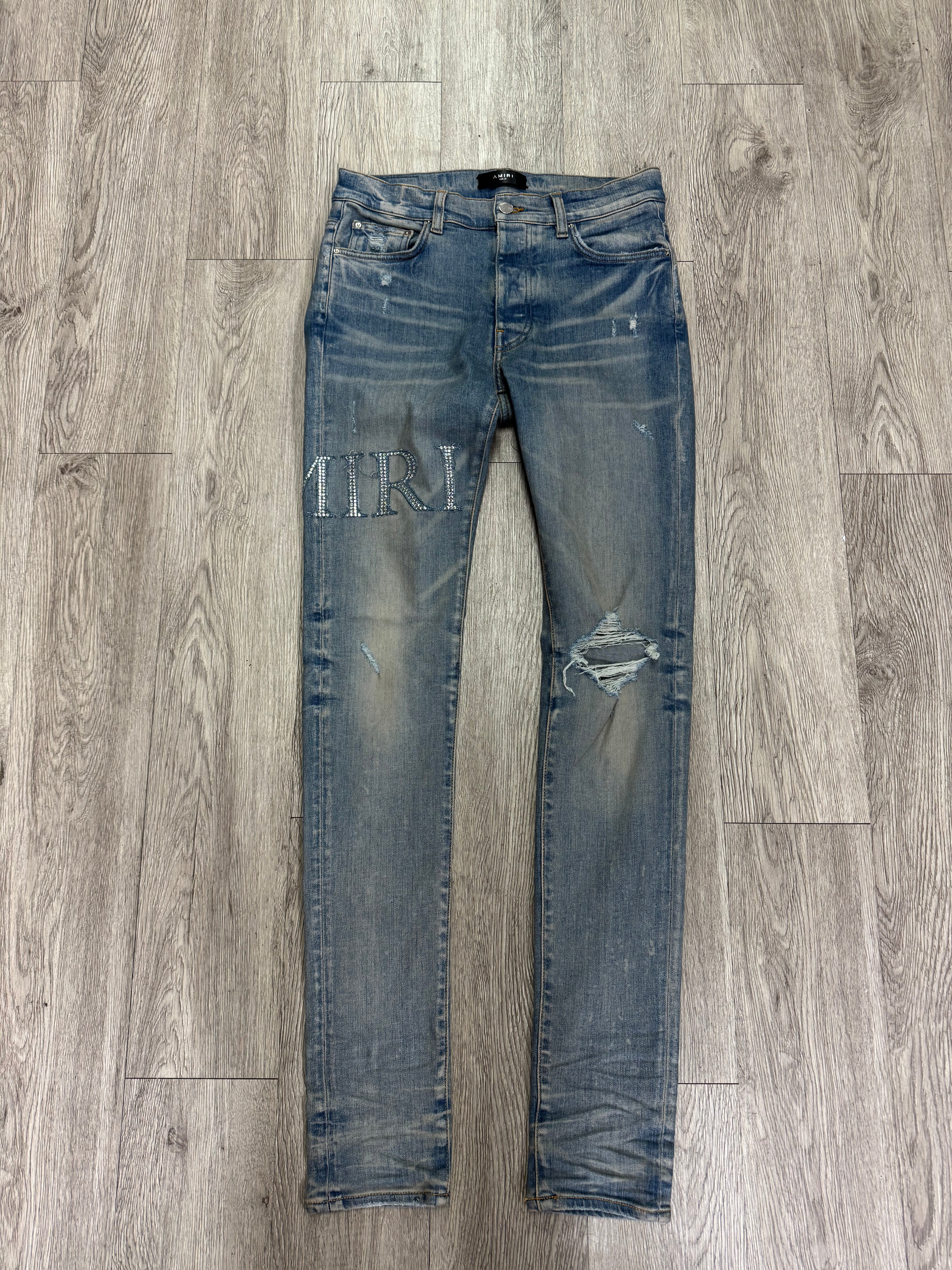 Amiri Light Wash Crystal Side Logo Jeans