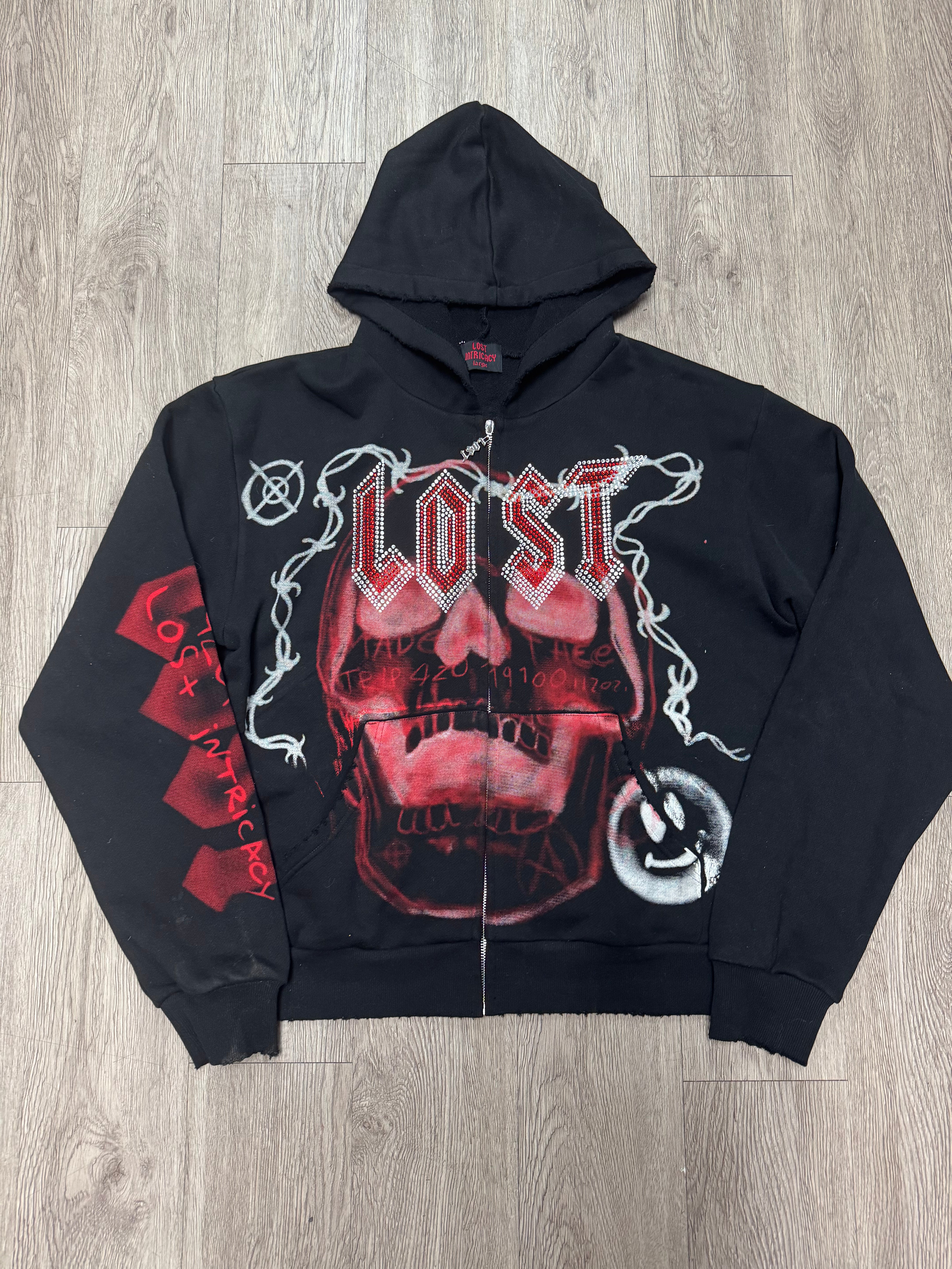 Lost Intricacy Black Red Skull Bound Zip Up