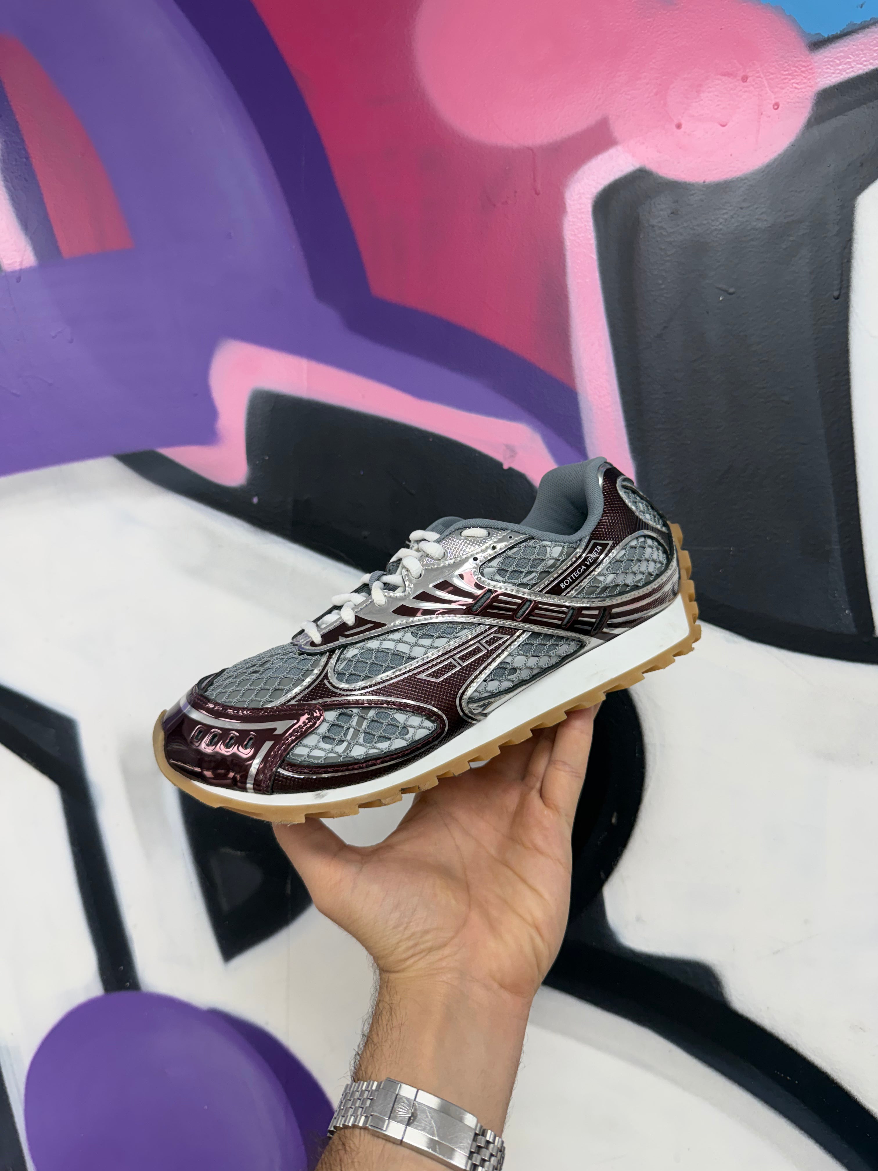 Bottega Veneta Burgundy Silver Orbits Sneakers