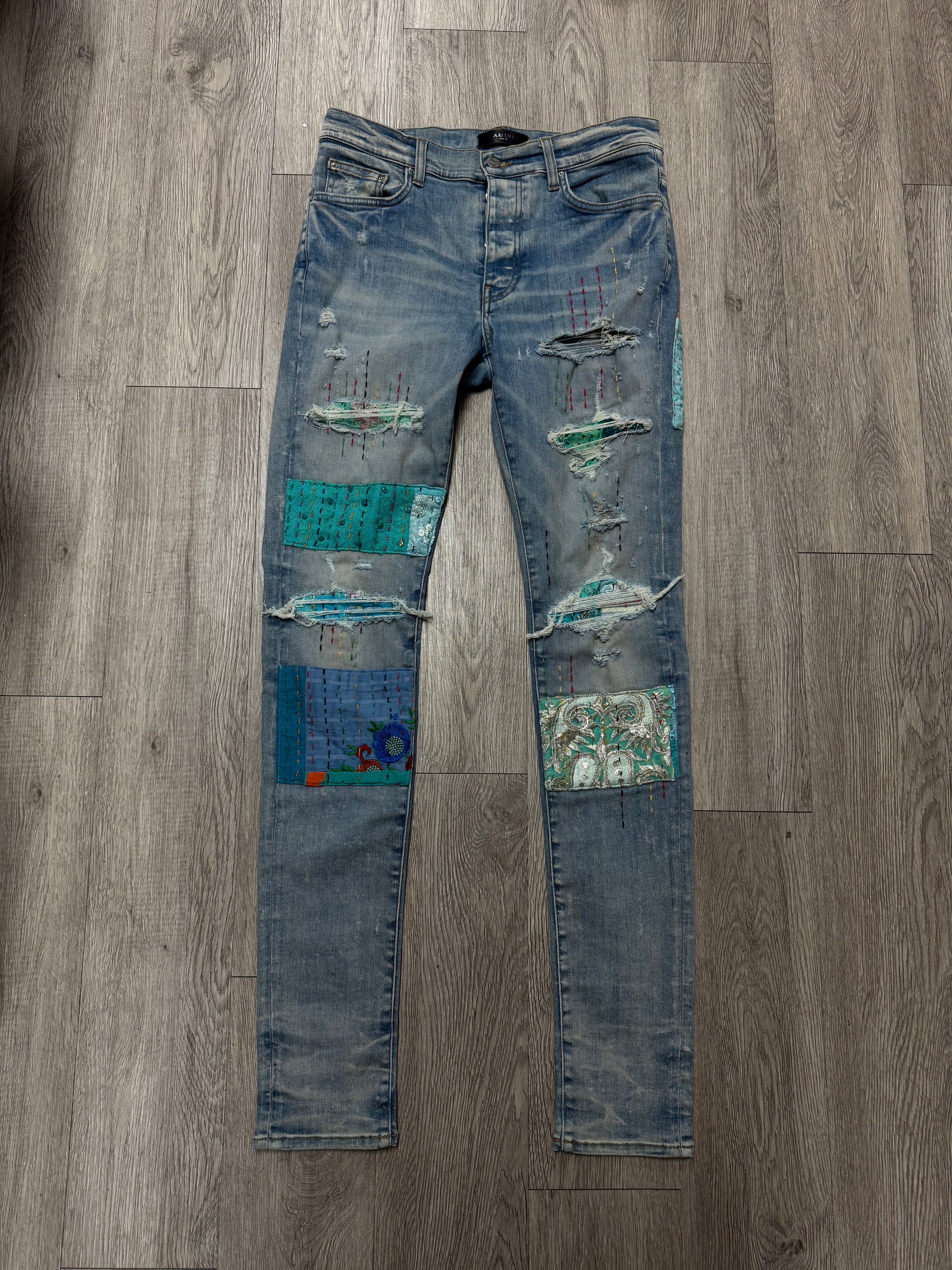 Amiri Light Wash Quilted Patchwork Jeans