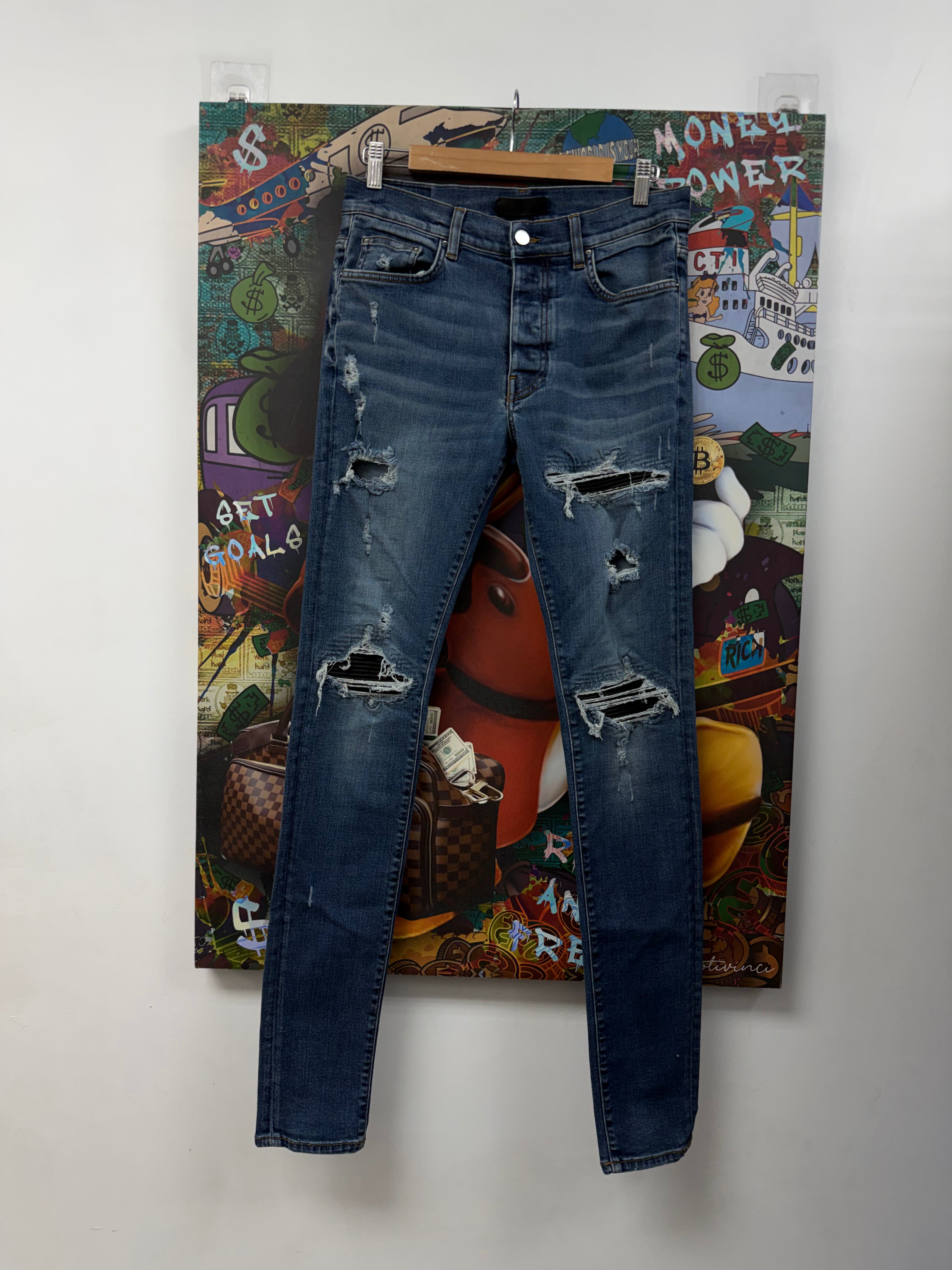 Amiri MX1 Navy Black Leather Patch Jeans