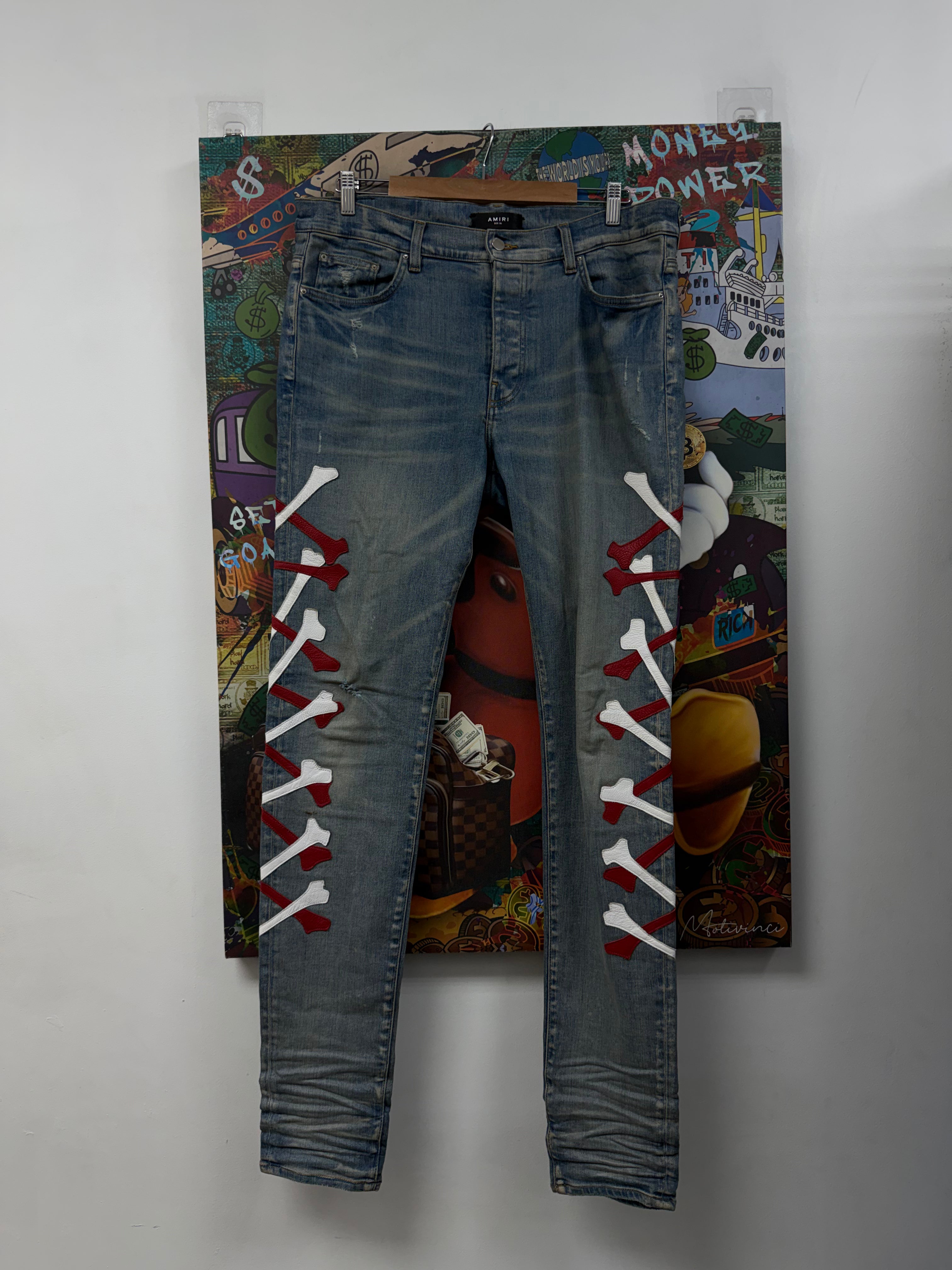 Amiri Light Wash White Red ATL Bones Jeans