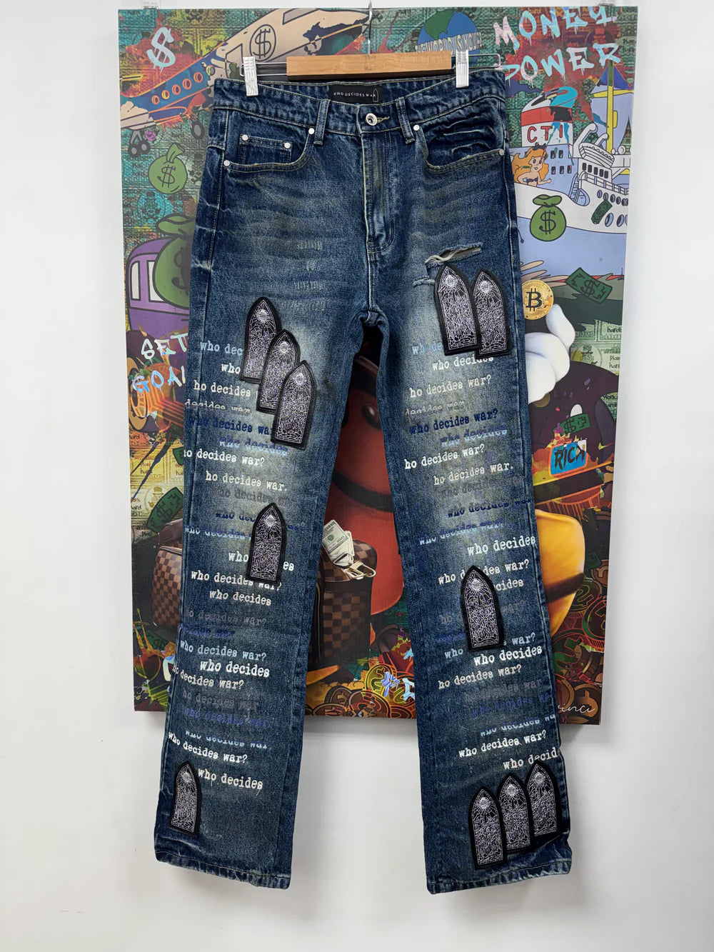 Who Decides War Patched Scripture Dark Wash Jeans