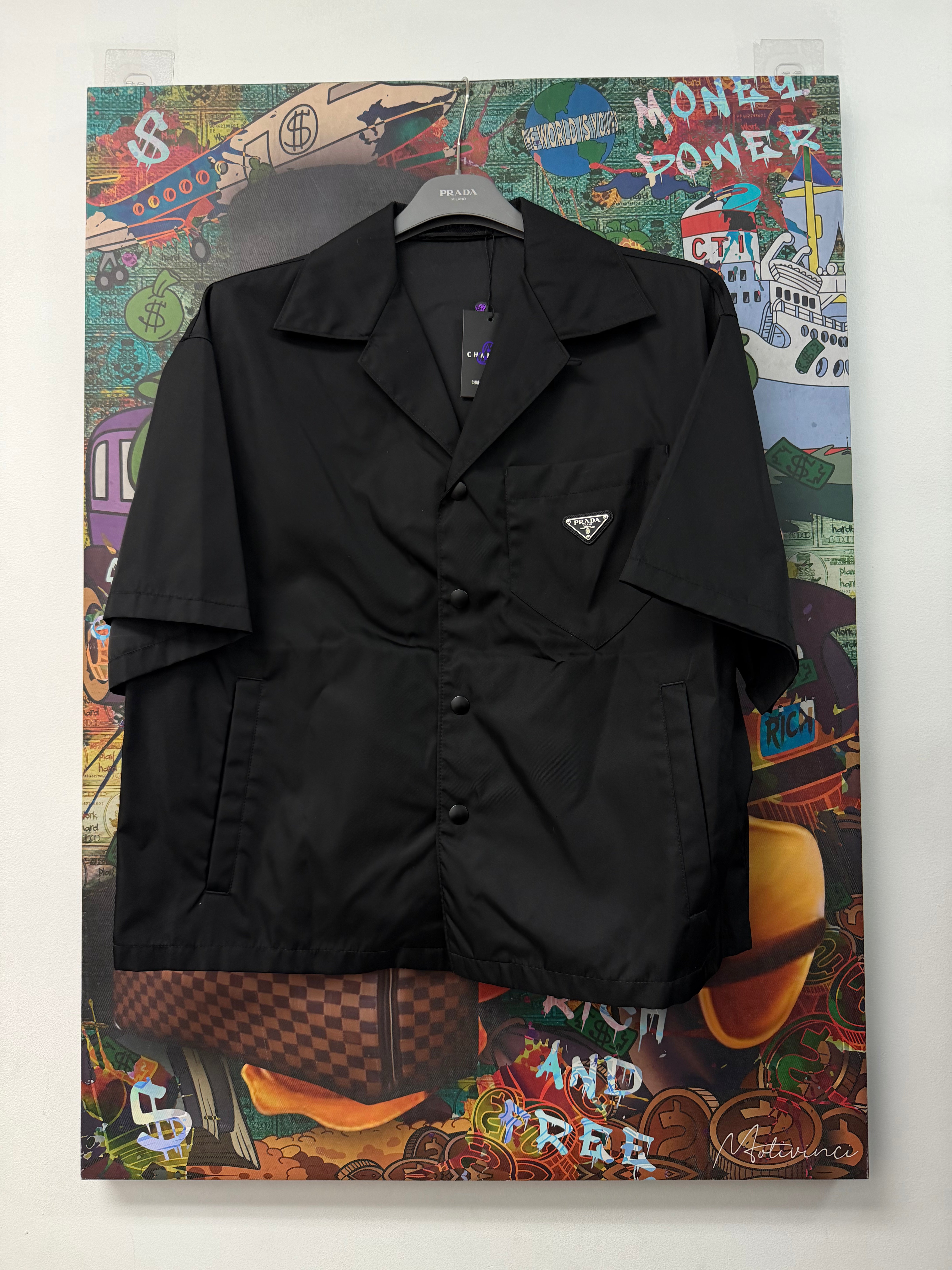 Prada Black Nylon Plaque Button Up