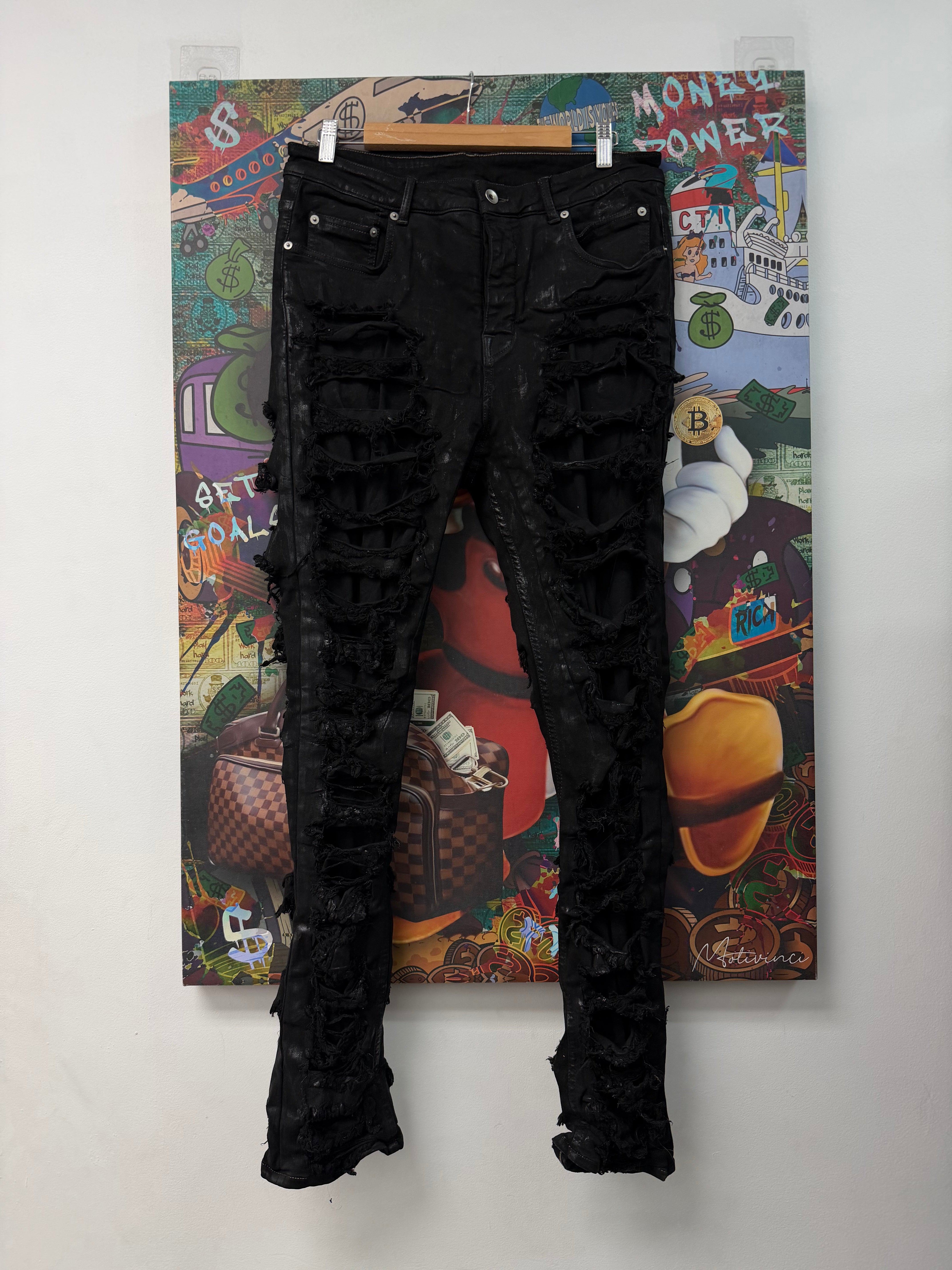 Rick Owens Black Waxed Thrashed Jeans