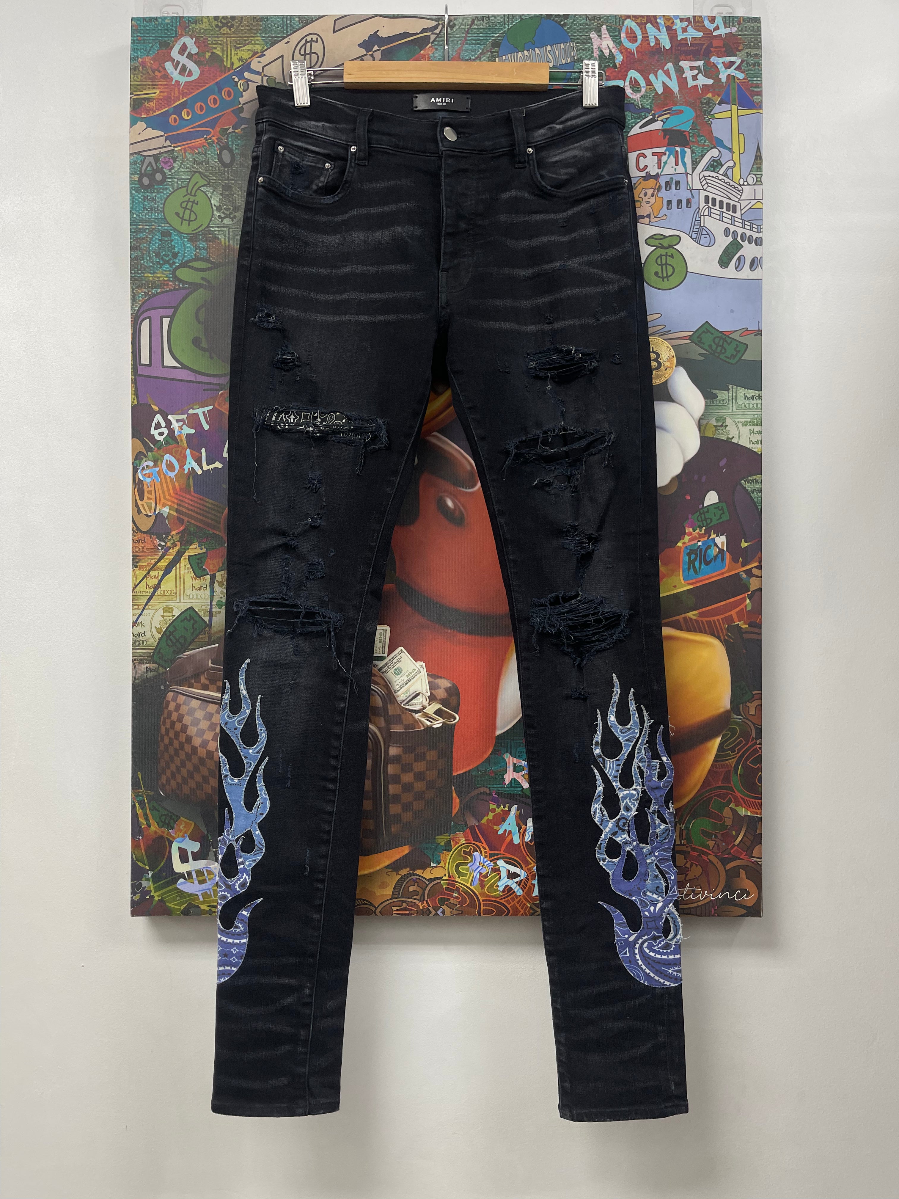 Amiri Black Wash Blue Paisley Flames Jeans