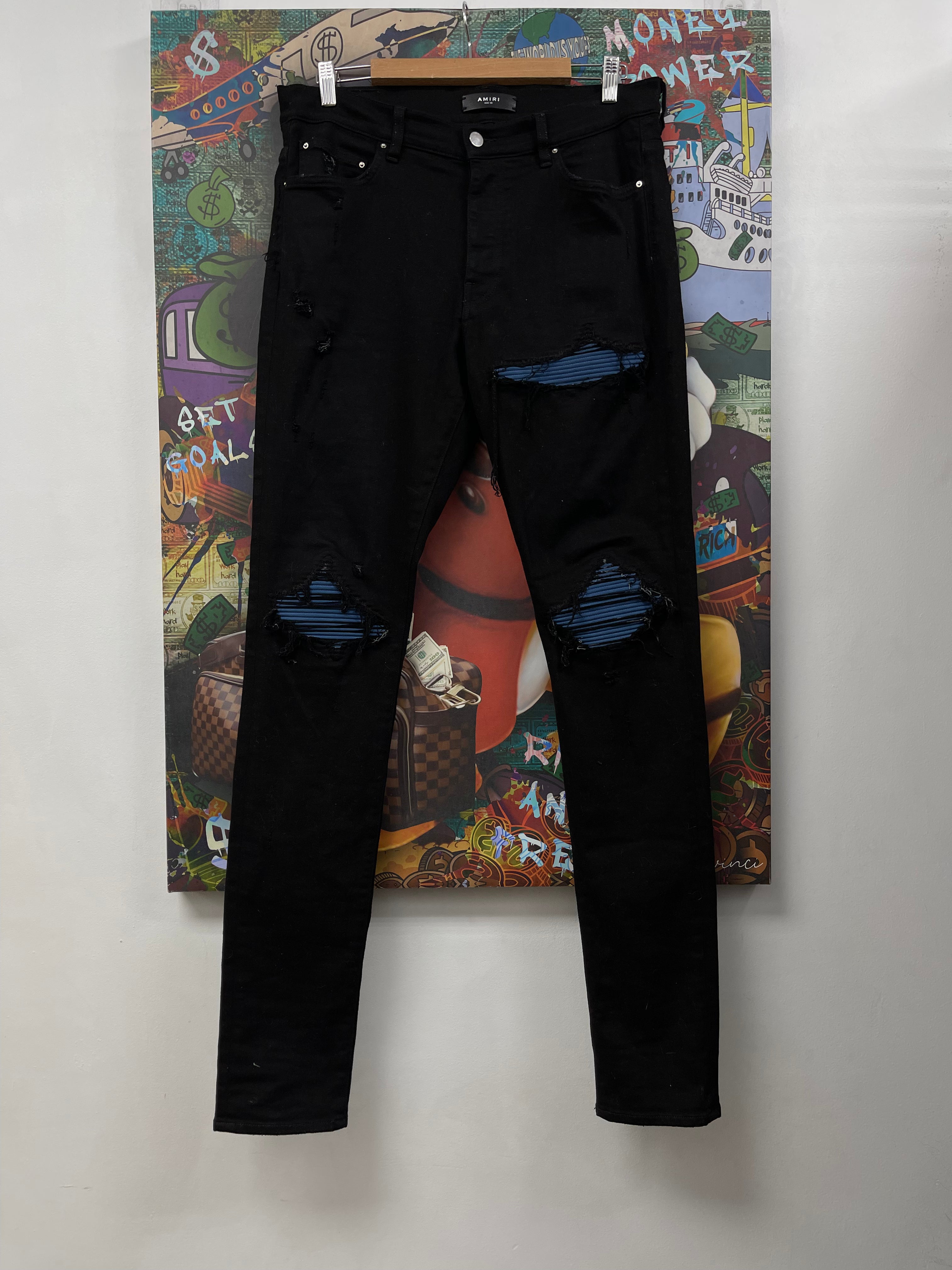 Amiri MX1 Black Blue Ultrasuede Patch Jeans