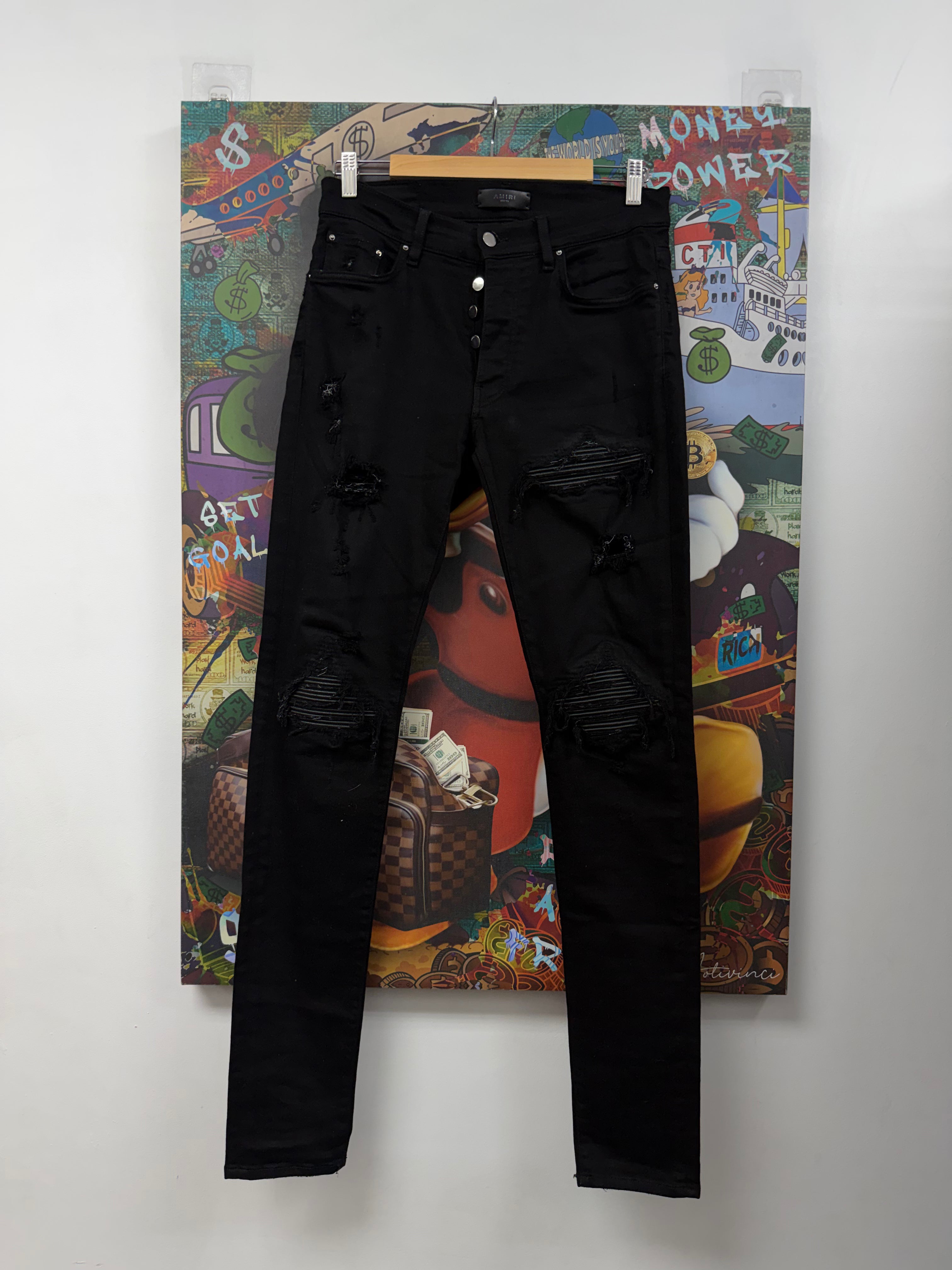Amiri MX1 Black Black Leather Patch Jeans