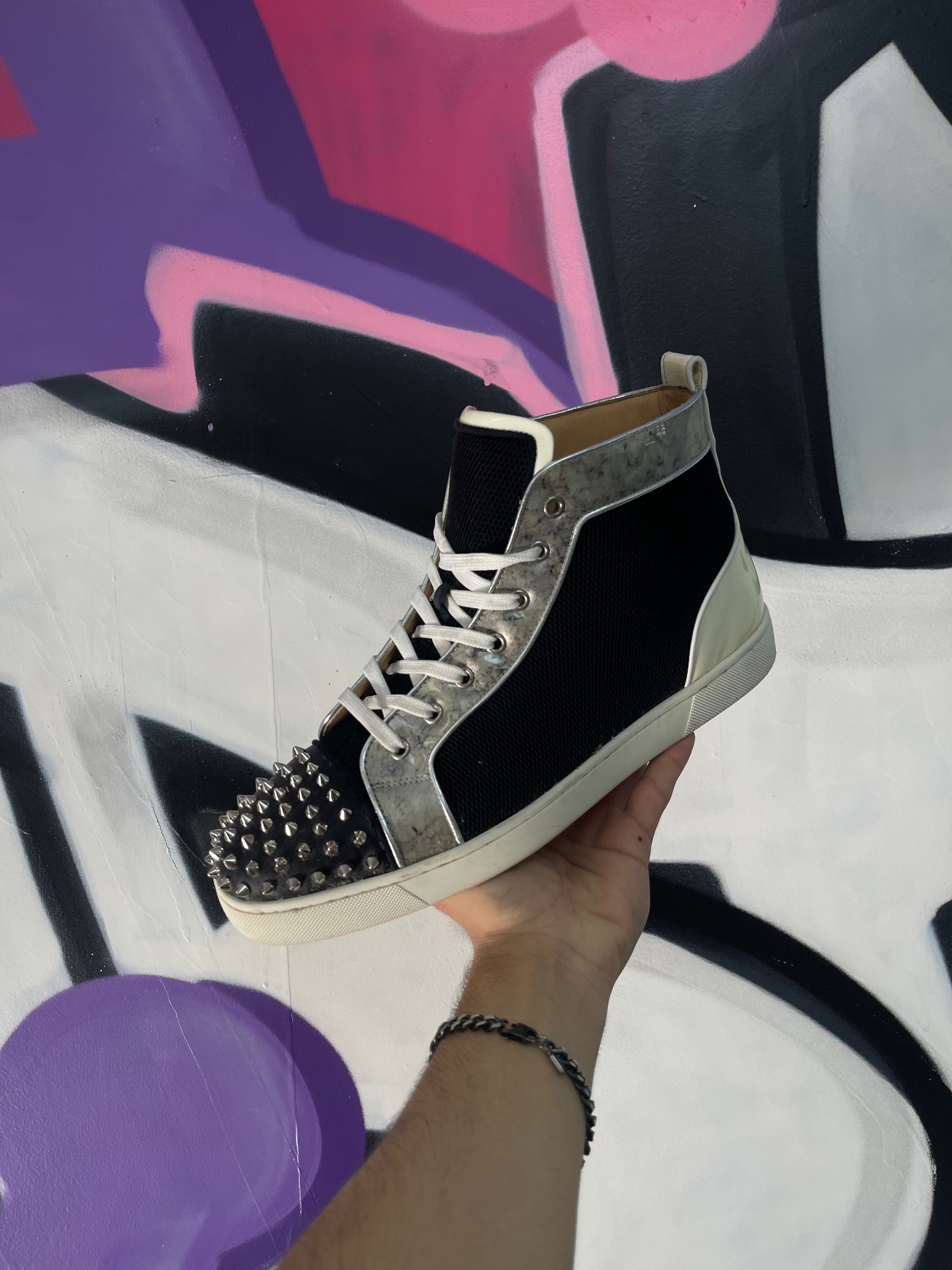 Christian Louboutin Black White Mesh Hi Spiked Sneakers