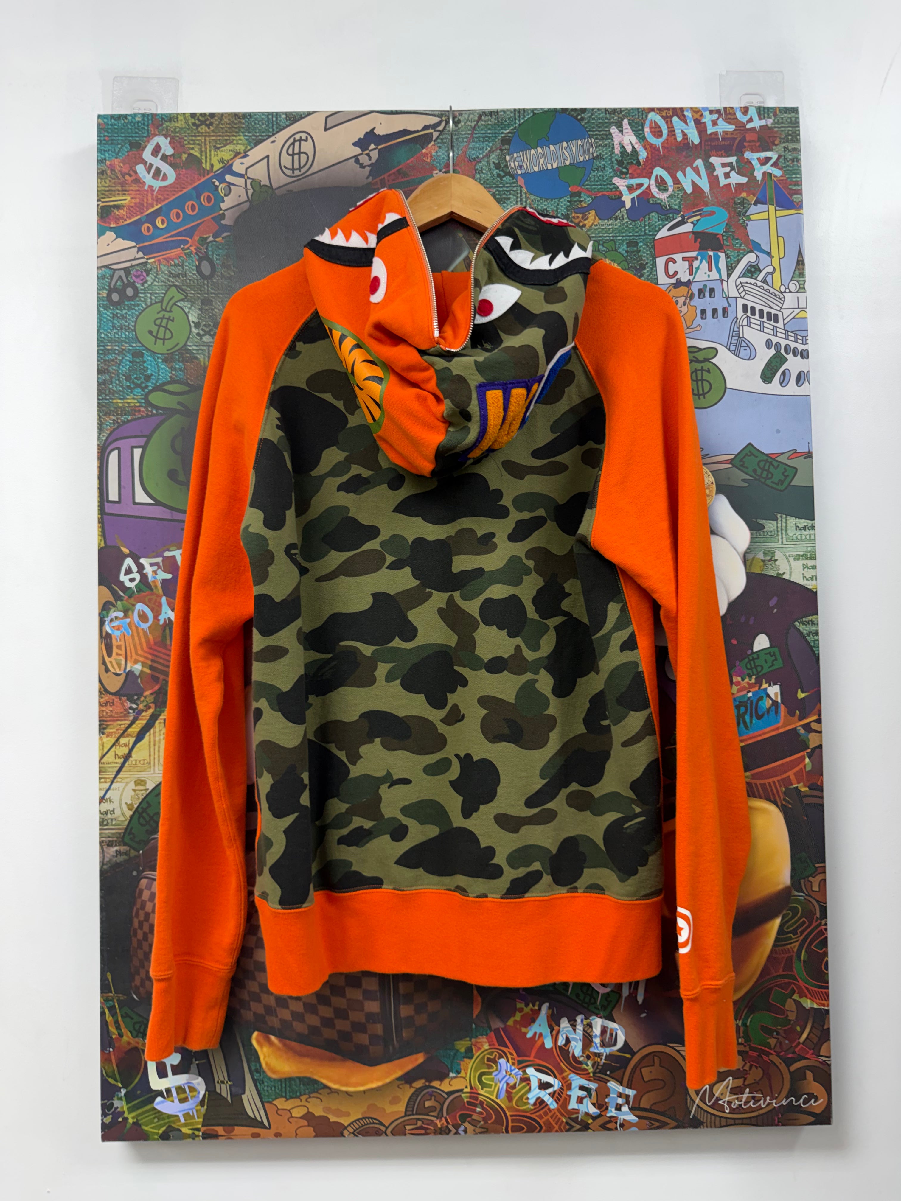 BAPE Orange Camo Shark Quarter Zip Up Hoodie