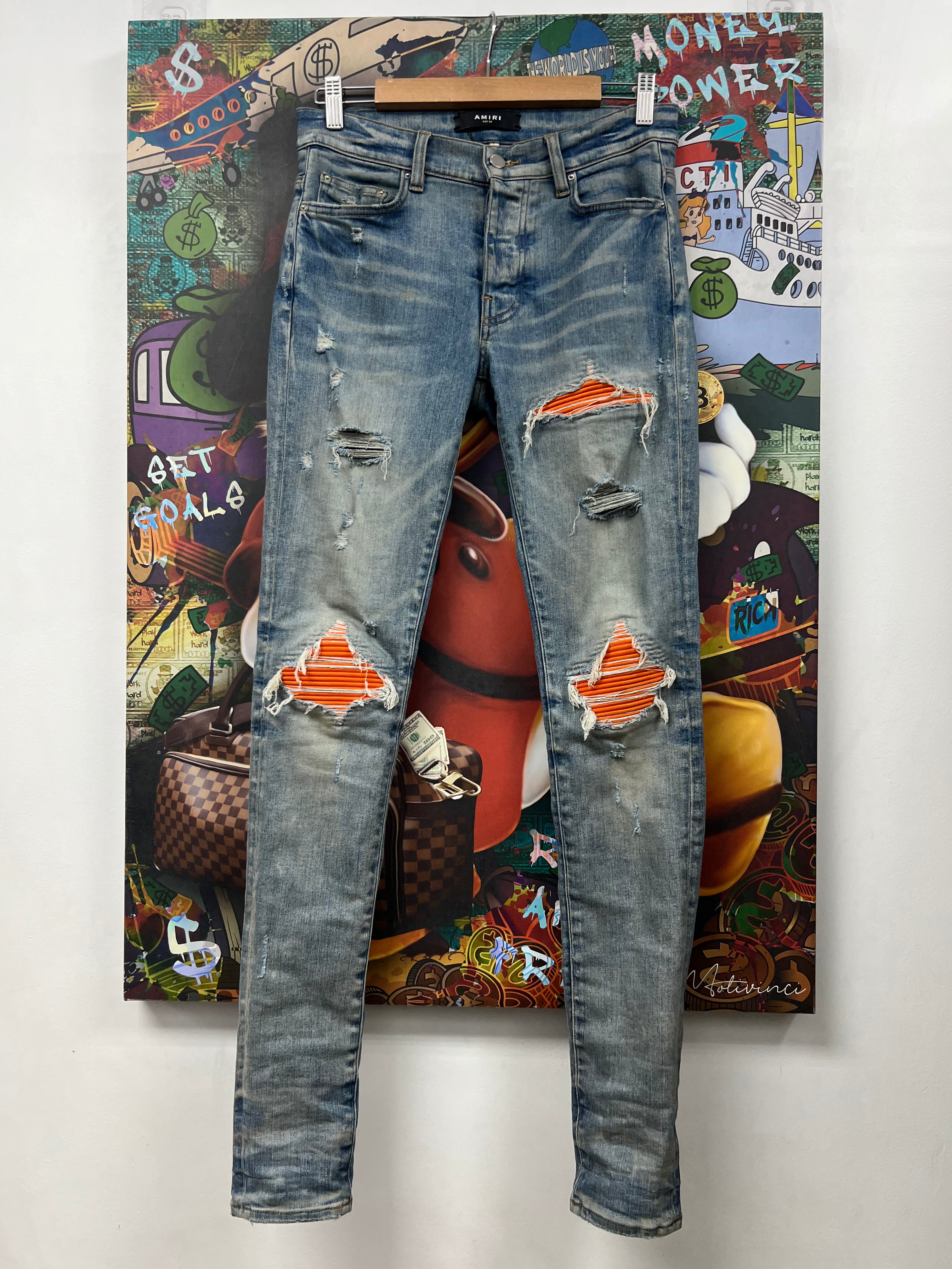 Amiri MX1 Light Wash Orange Patch Jeans