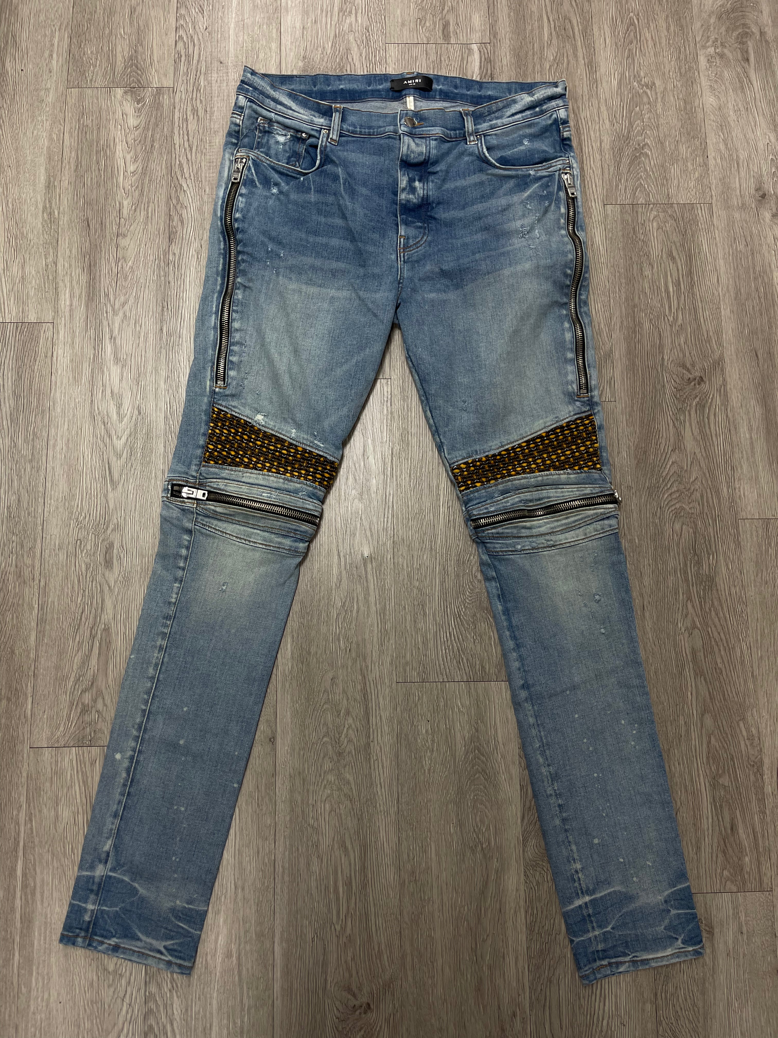 Amiri Mx2 Light Wash Yellow Brown Plaid Patch Jeans