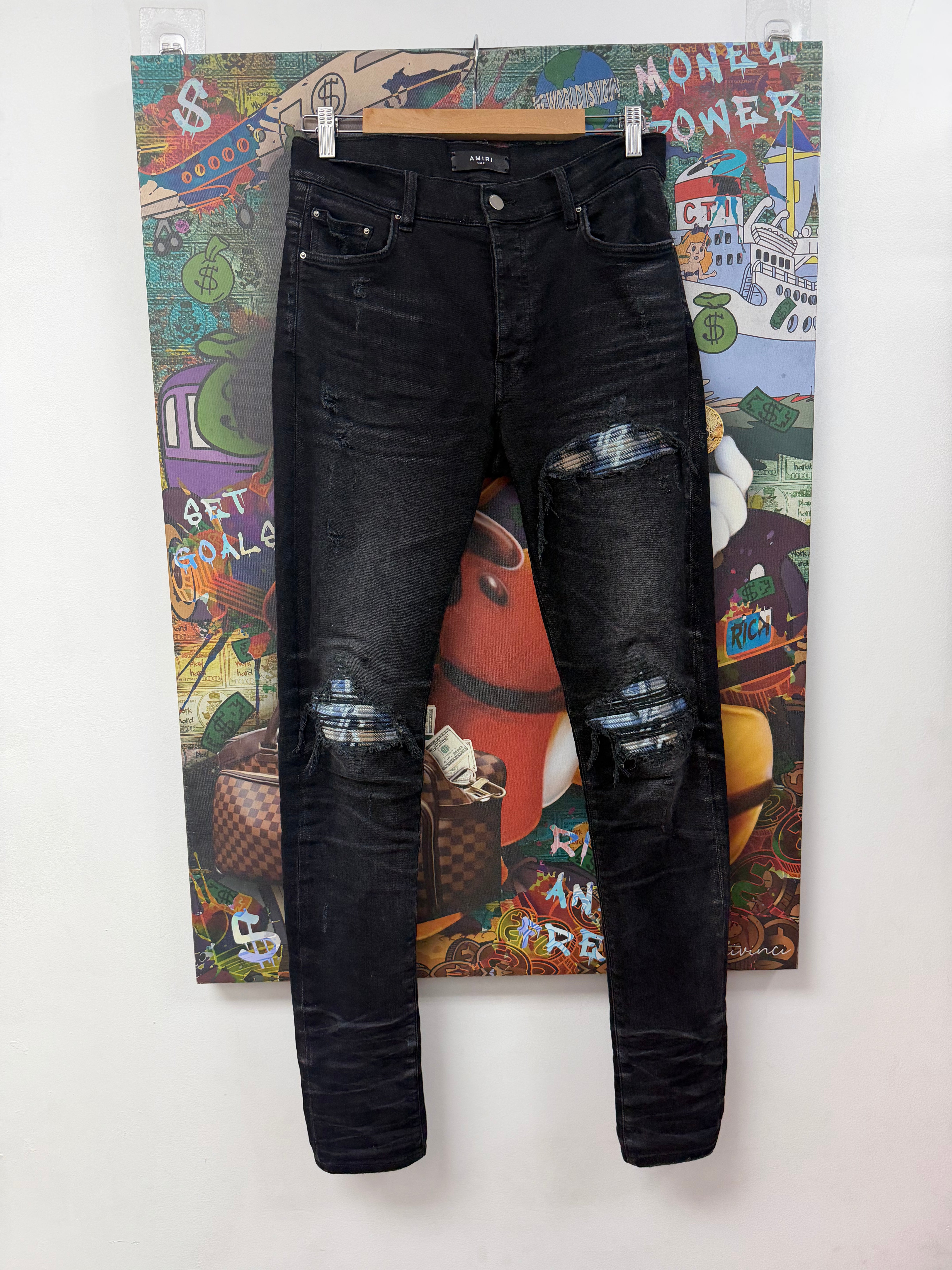Amiri MX1 Black Wash Blue Plaid Patch Jeans