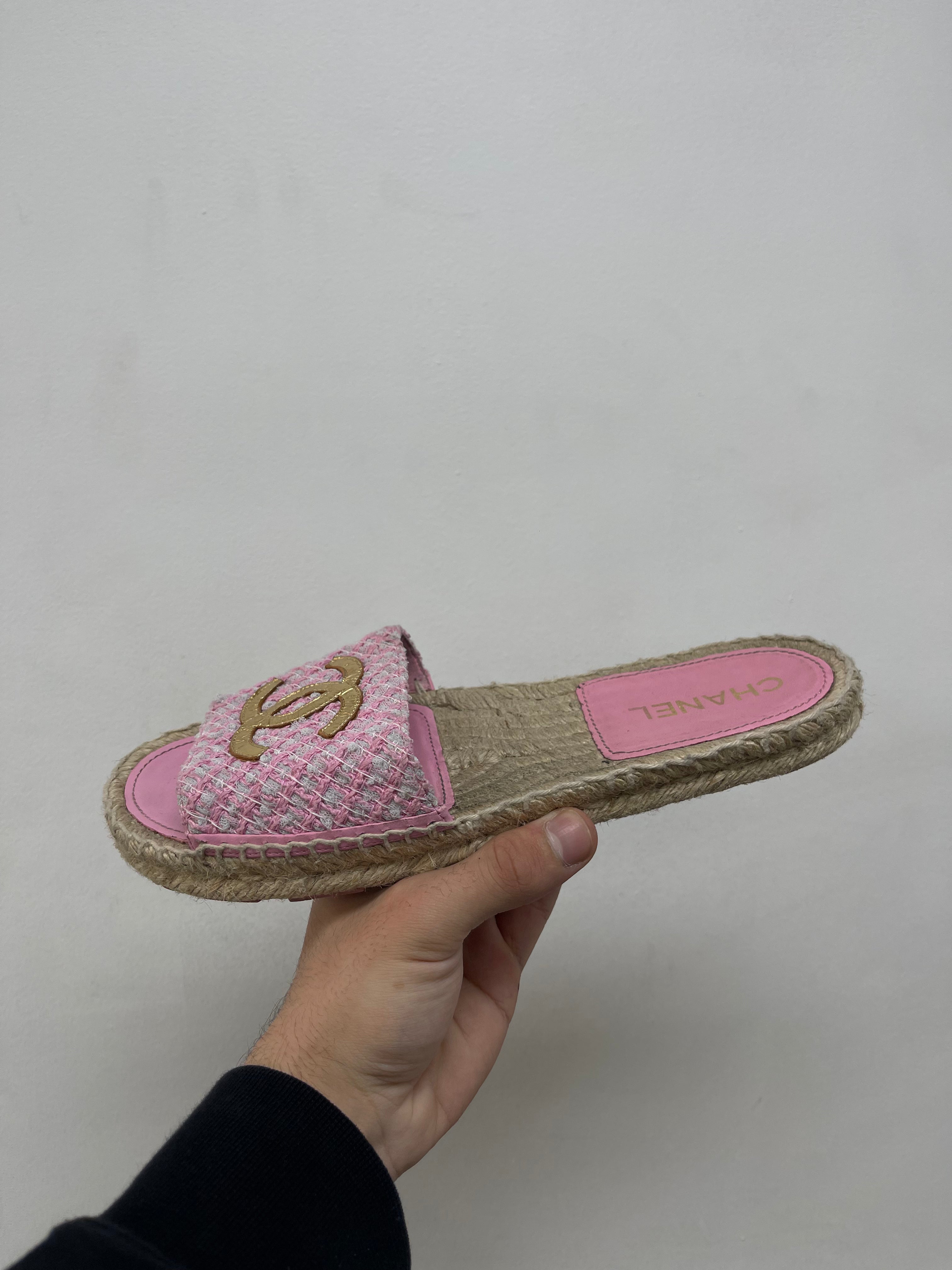 Chanel Pink Gold Tweed Slides