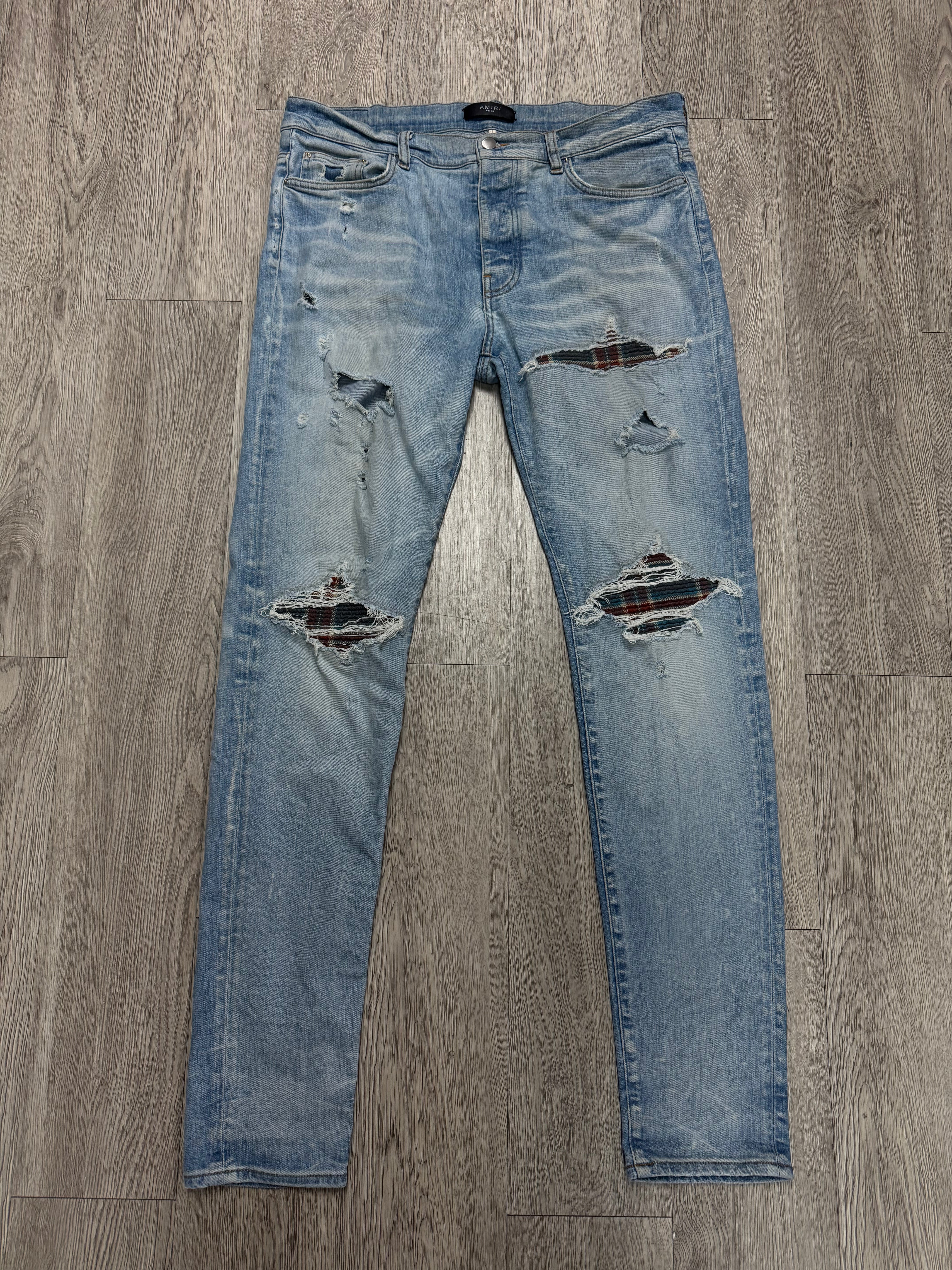 Amiri MX1 Light Wash Blue Burgundy Plaid Patch Jeans