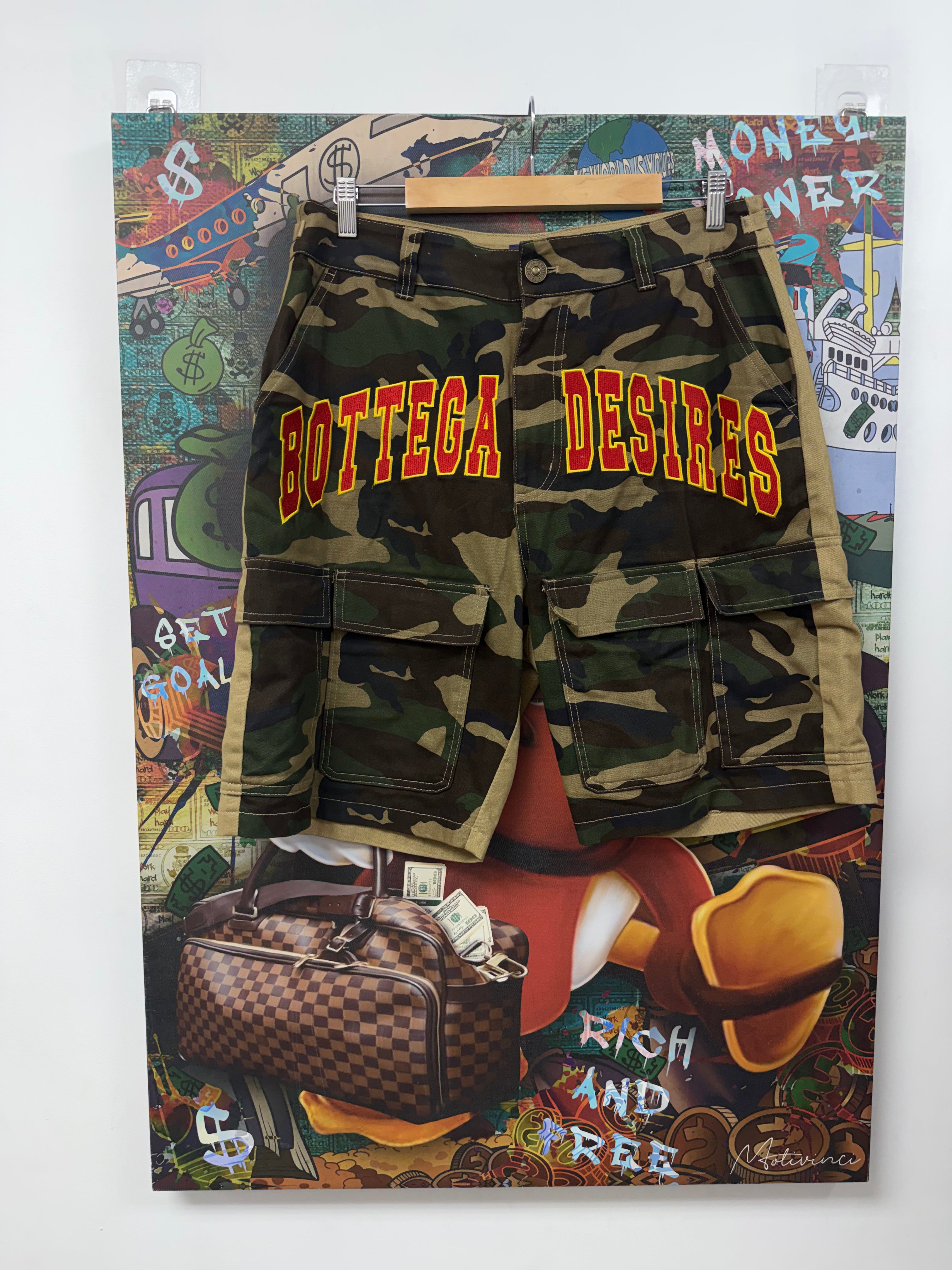 Bottega Desires Camo Arch Logo Cargo Shorts