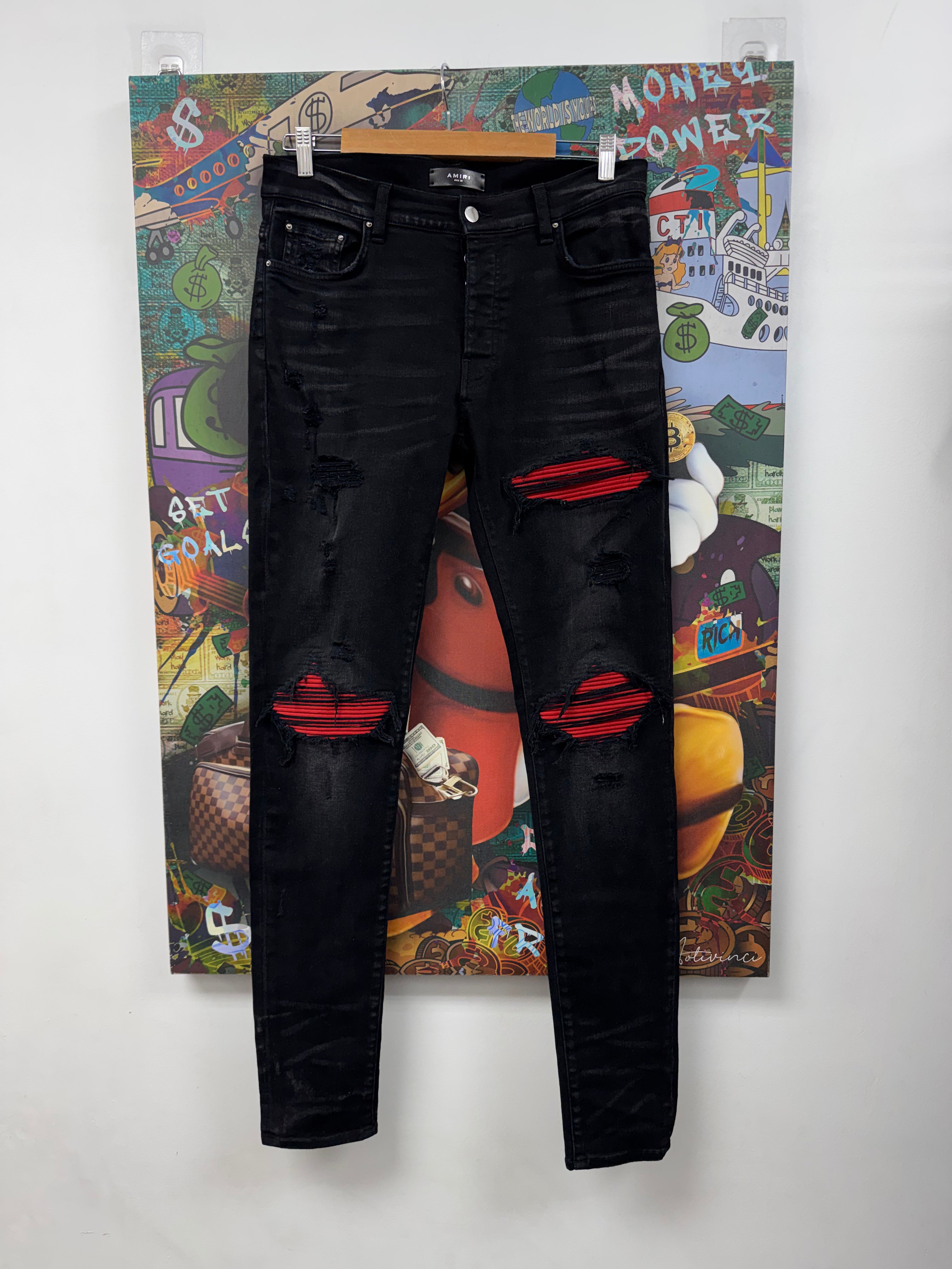 Amiri MX1 Black Wash Red Suede Patch Jeans