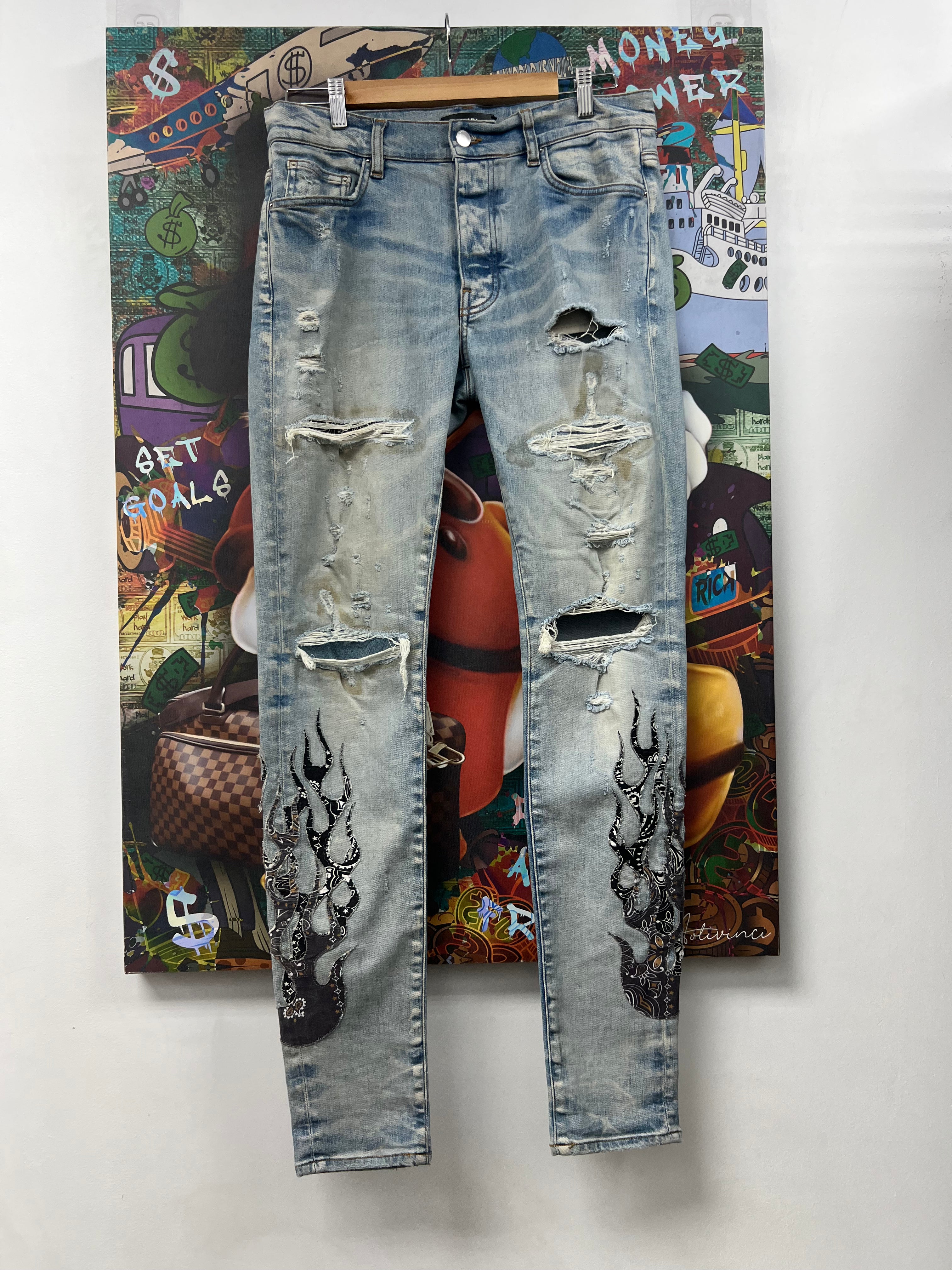 Amiri Light Wash Paisley Flames Jeans