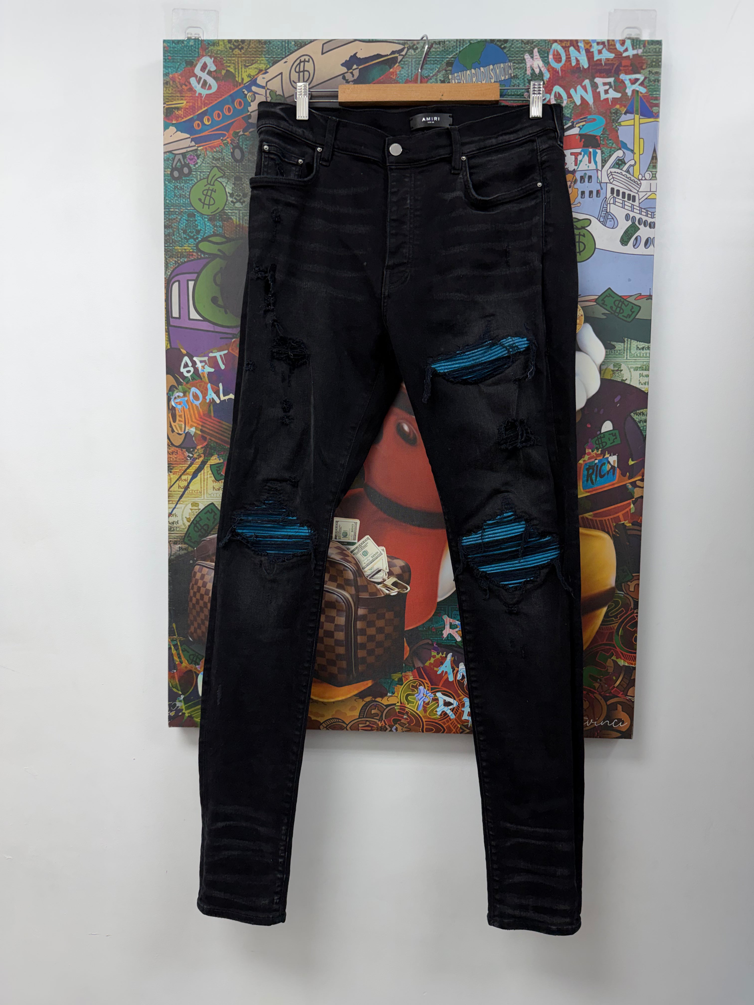 Amiri MX1 Black Blue Crackle Patch Jeans