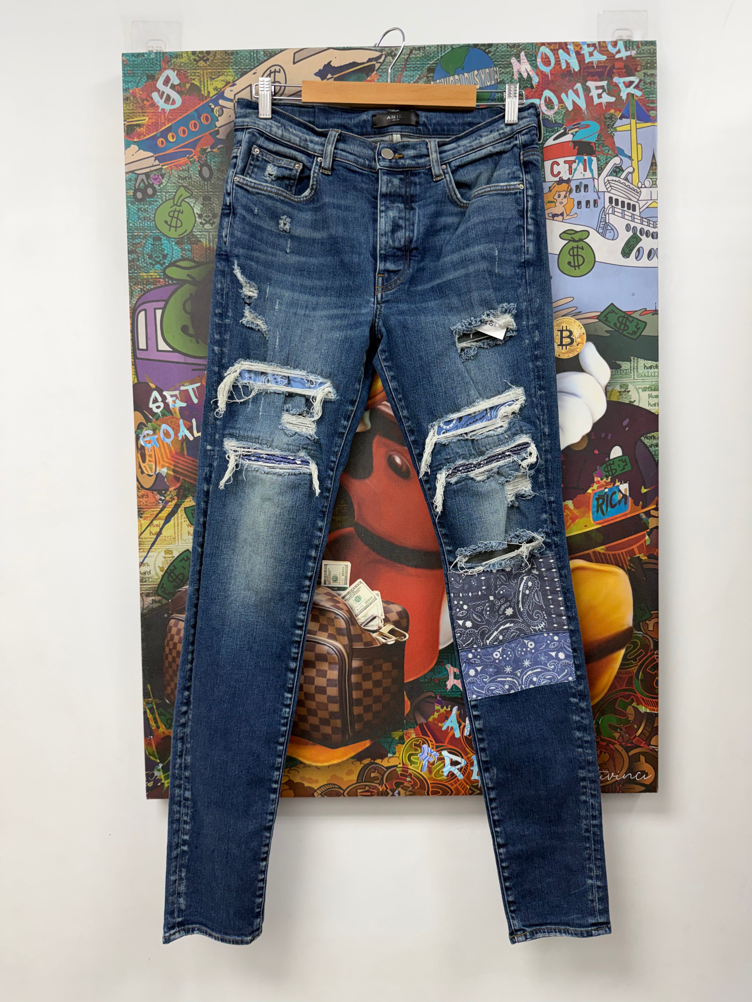 Amiri Deep Classic Blue Paisley Patchwork Jeans