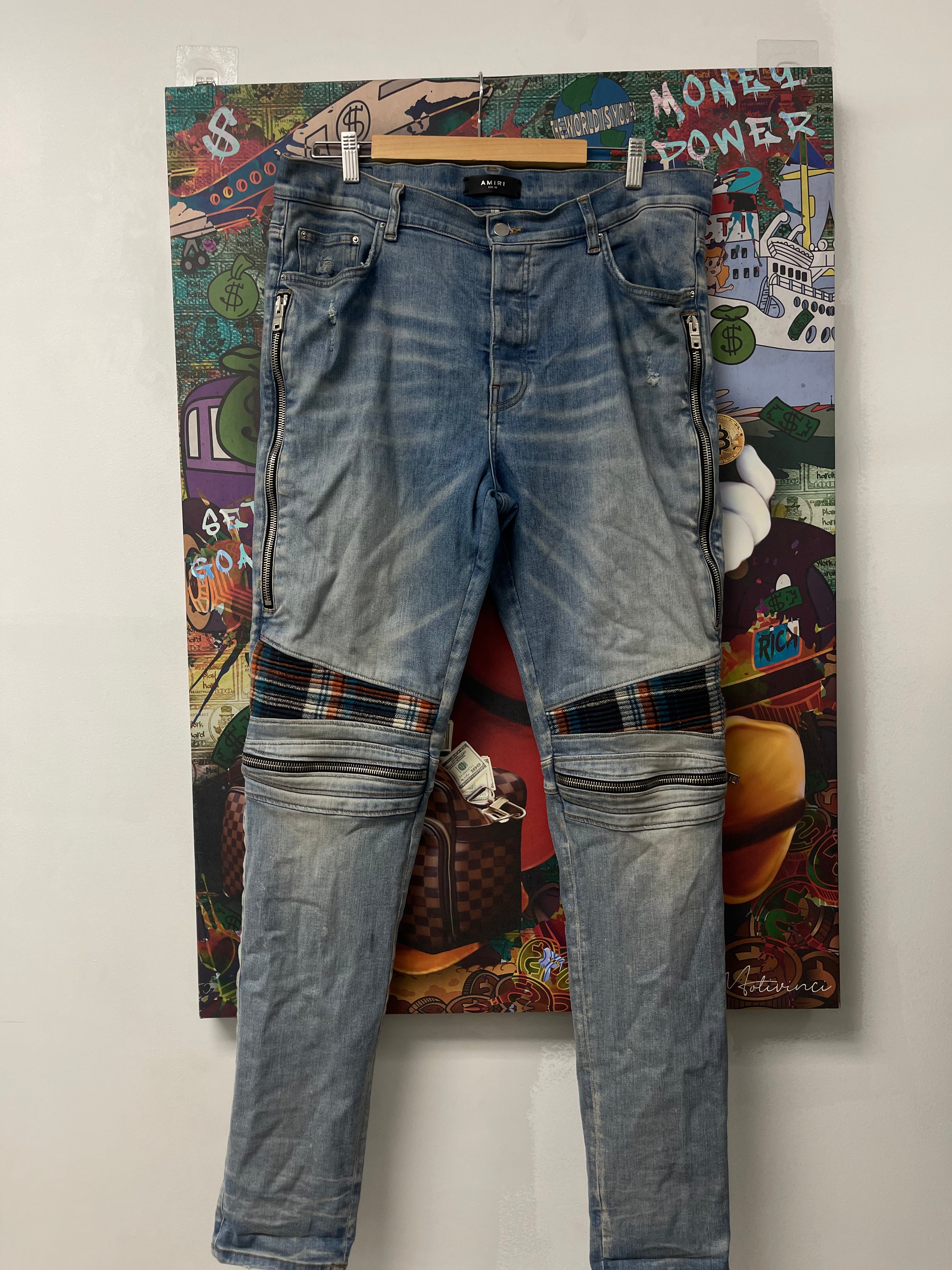 Amiri MX2 Light Wash Orange Blue Plaid Patch Used 38 N/A