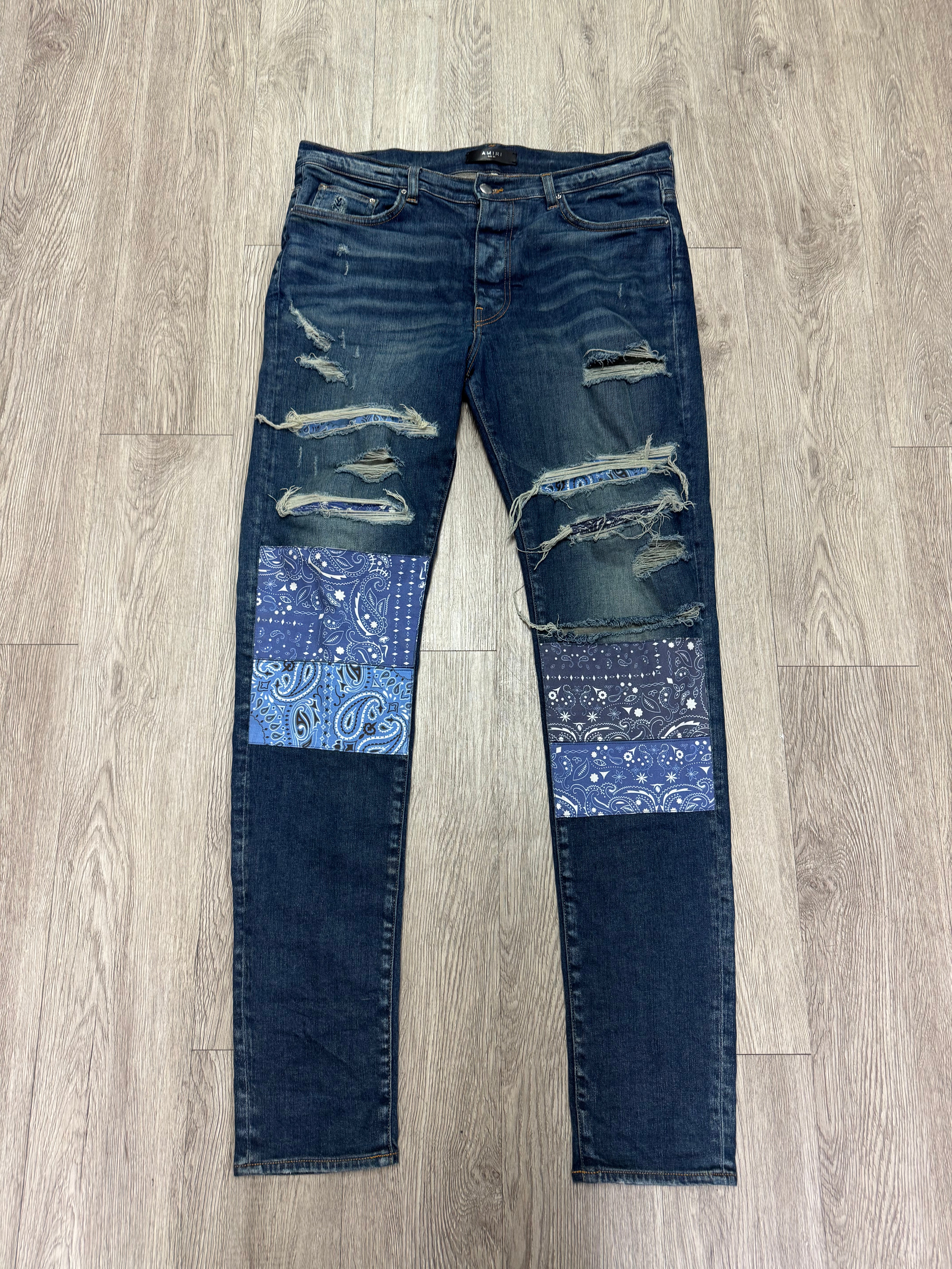 Amiri Dark Wash Blue Paisley Old English Jeans