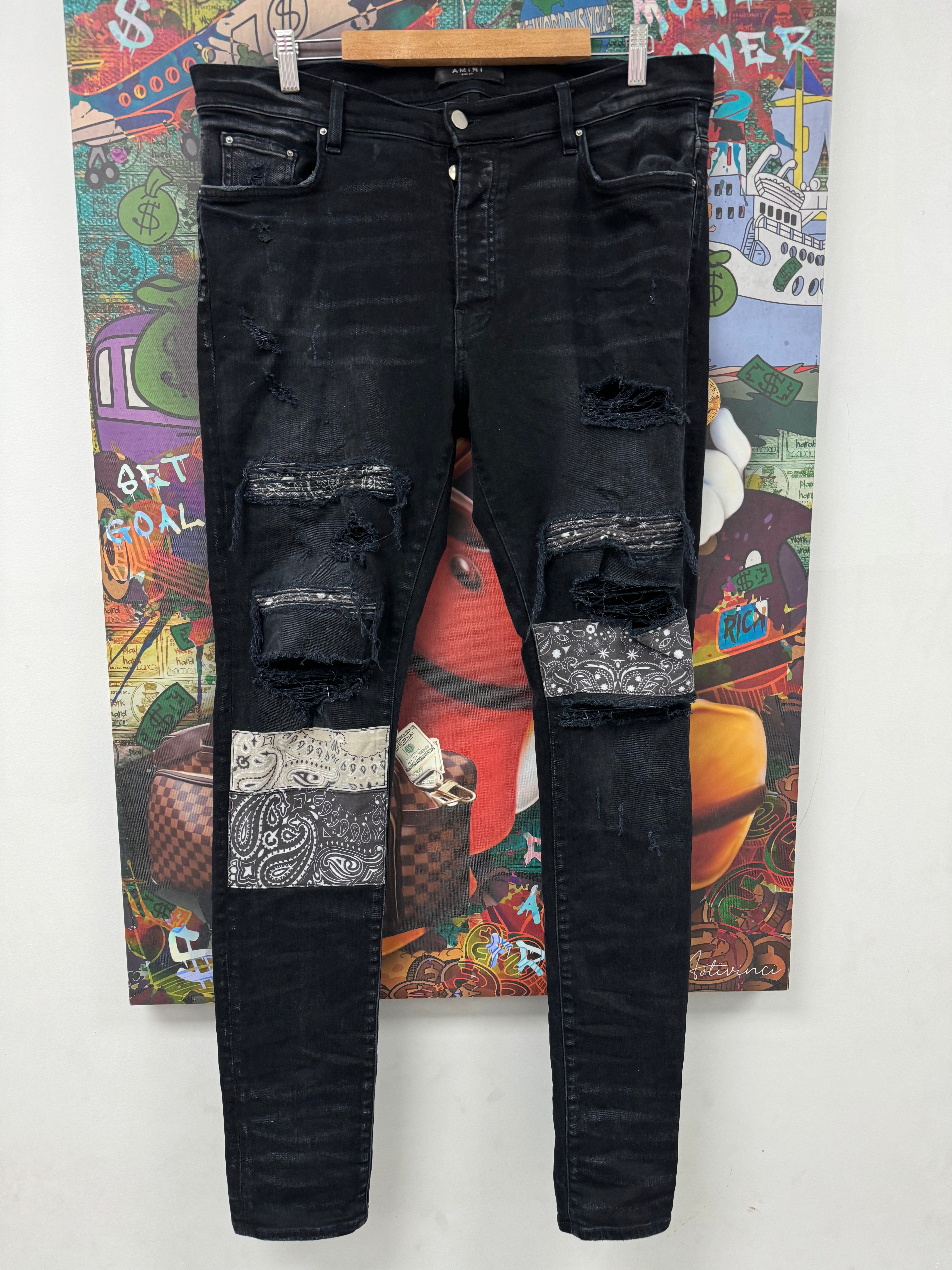 Amiri Jeans Black Paisley Patchwork Used 36