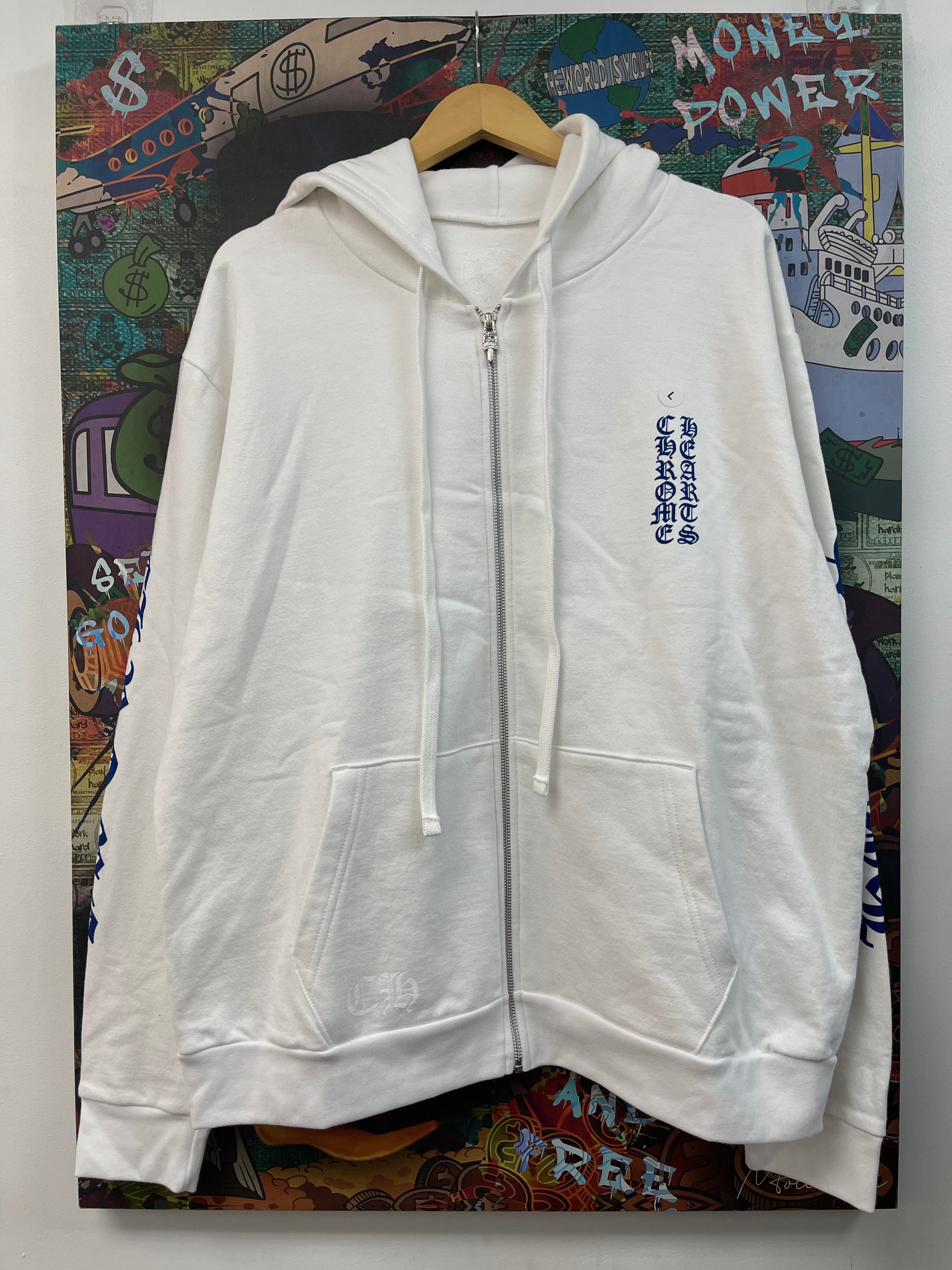 Chrome Hearts White Blue Vertical Logo Zip Up Hoodie