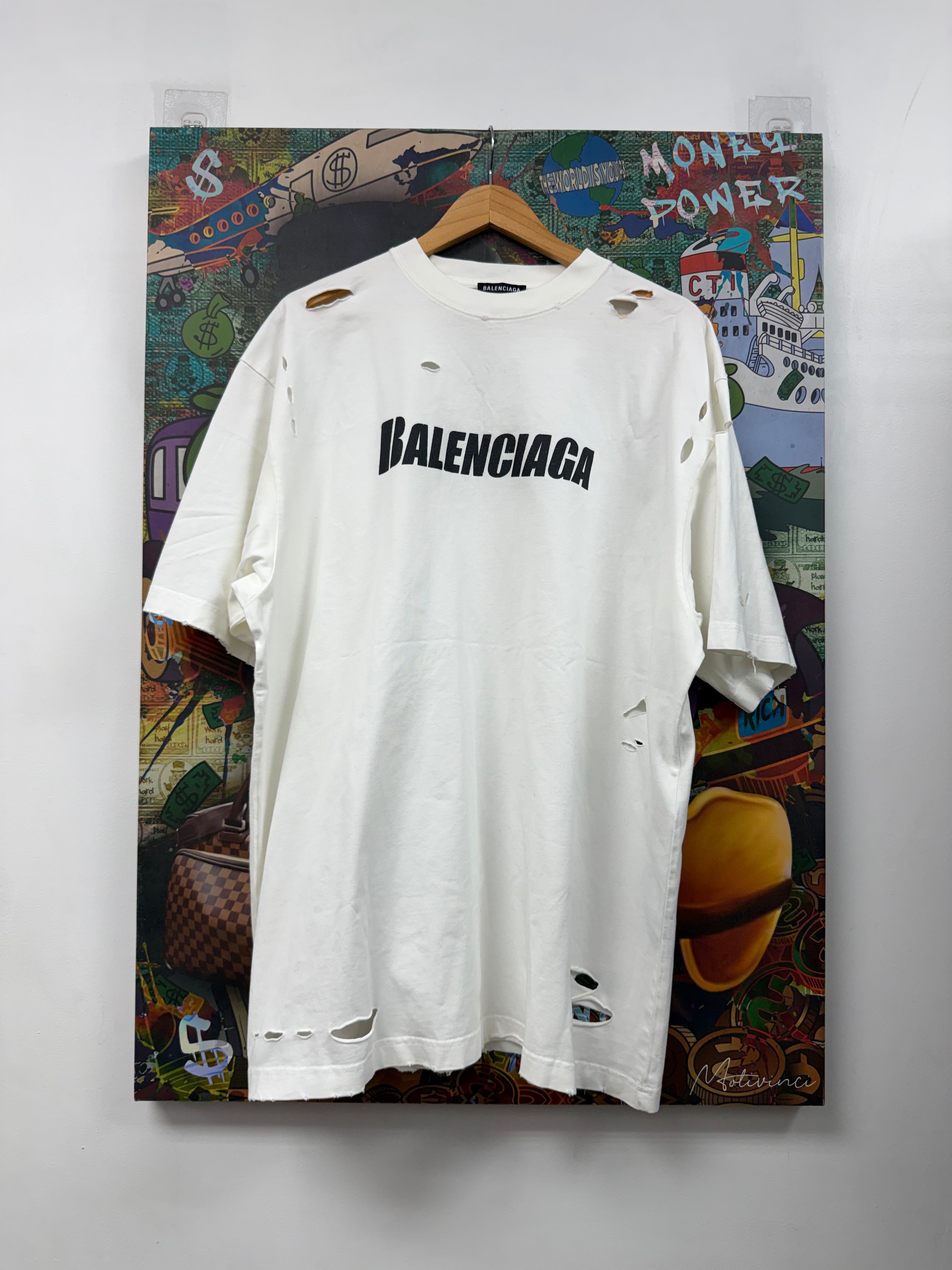 Balenciaga White Black Distressed Crackle Logo Tee