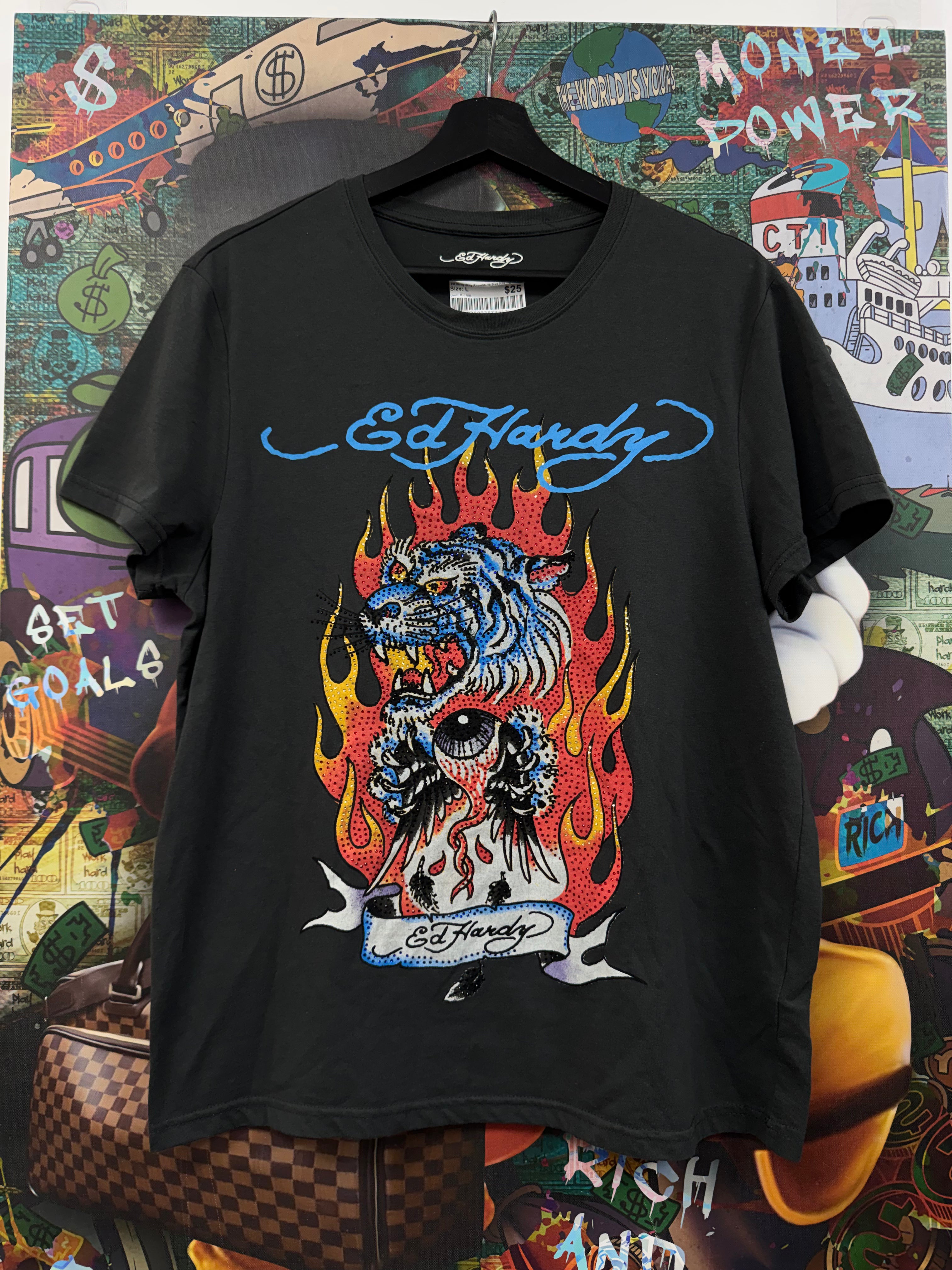 Ed Hardy Grey Rhinestone Blue Red Tiger Tee