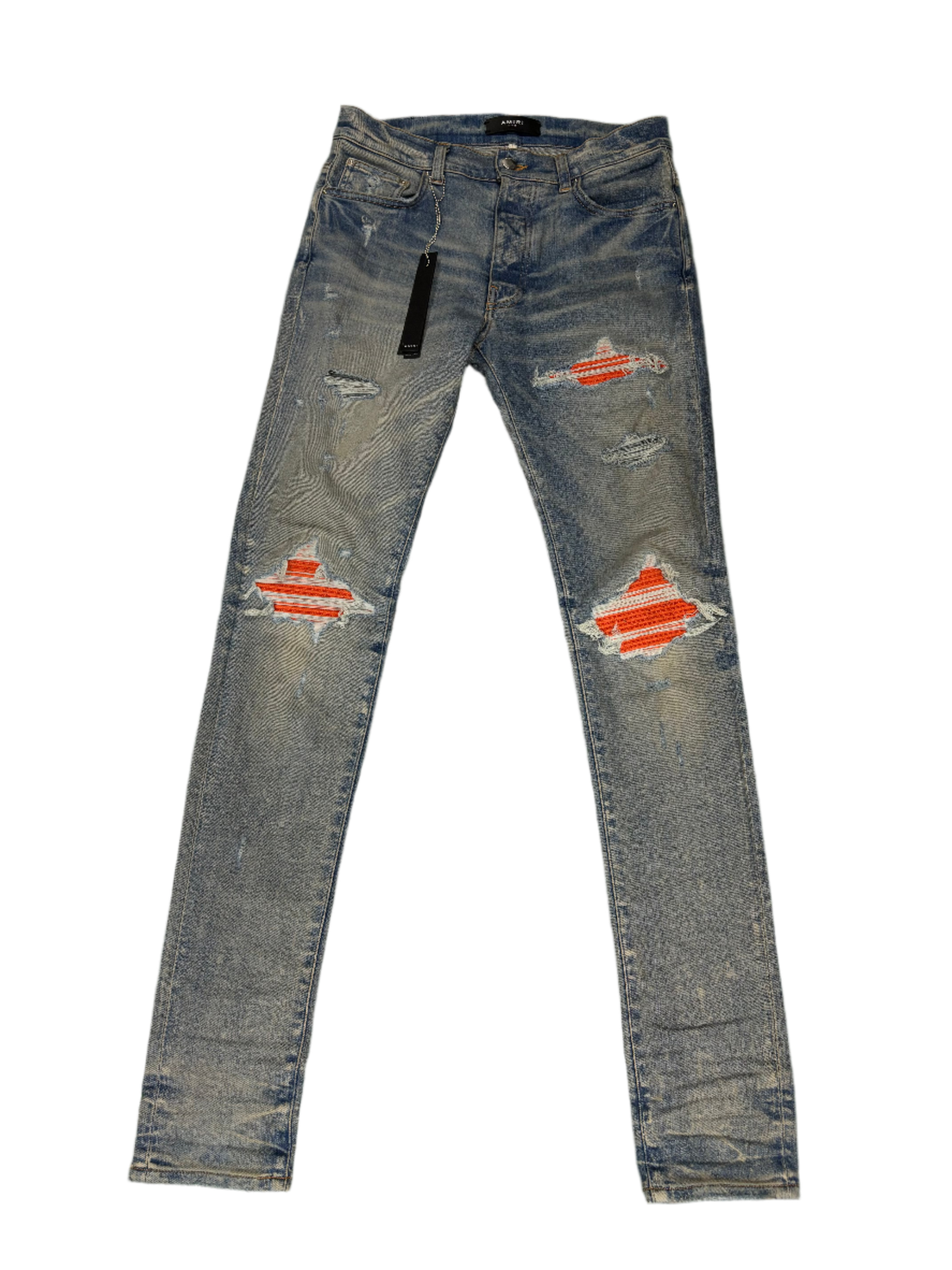 Amiri MX1 Orange Crackle Patch Light Wash Blue Jeans