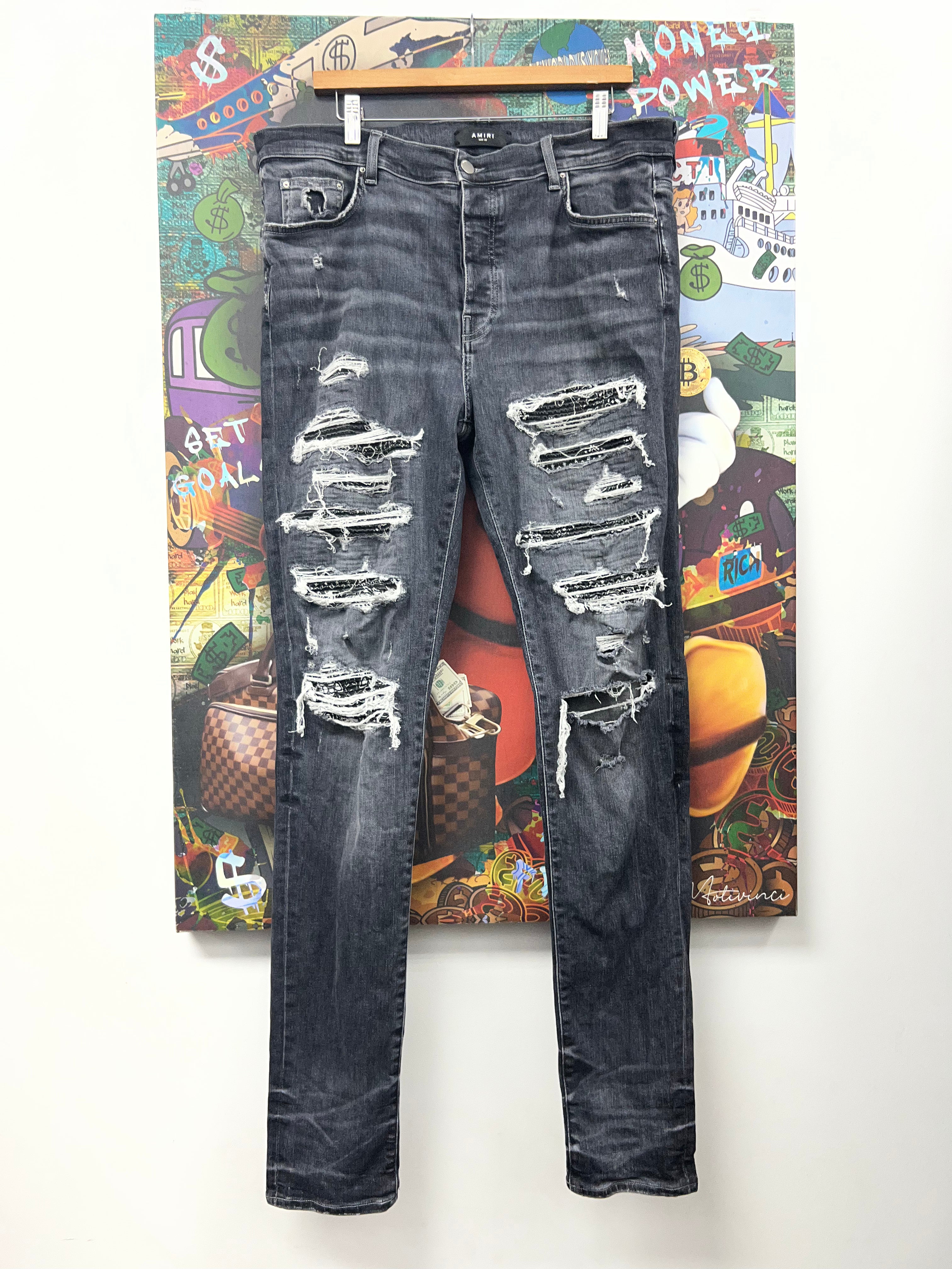 Amiri Grey Black Paisley Thrasher Patch Jeans