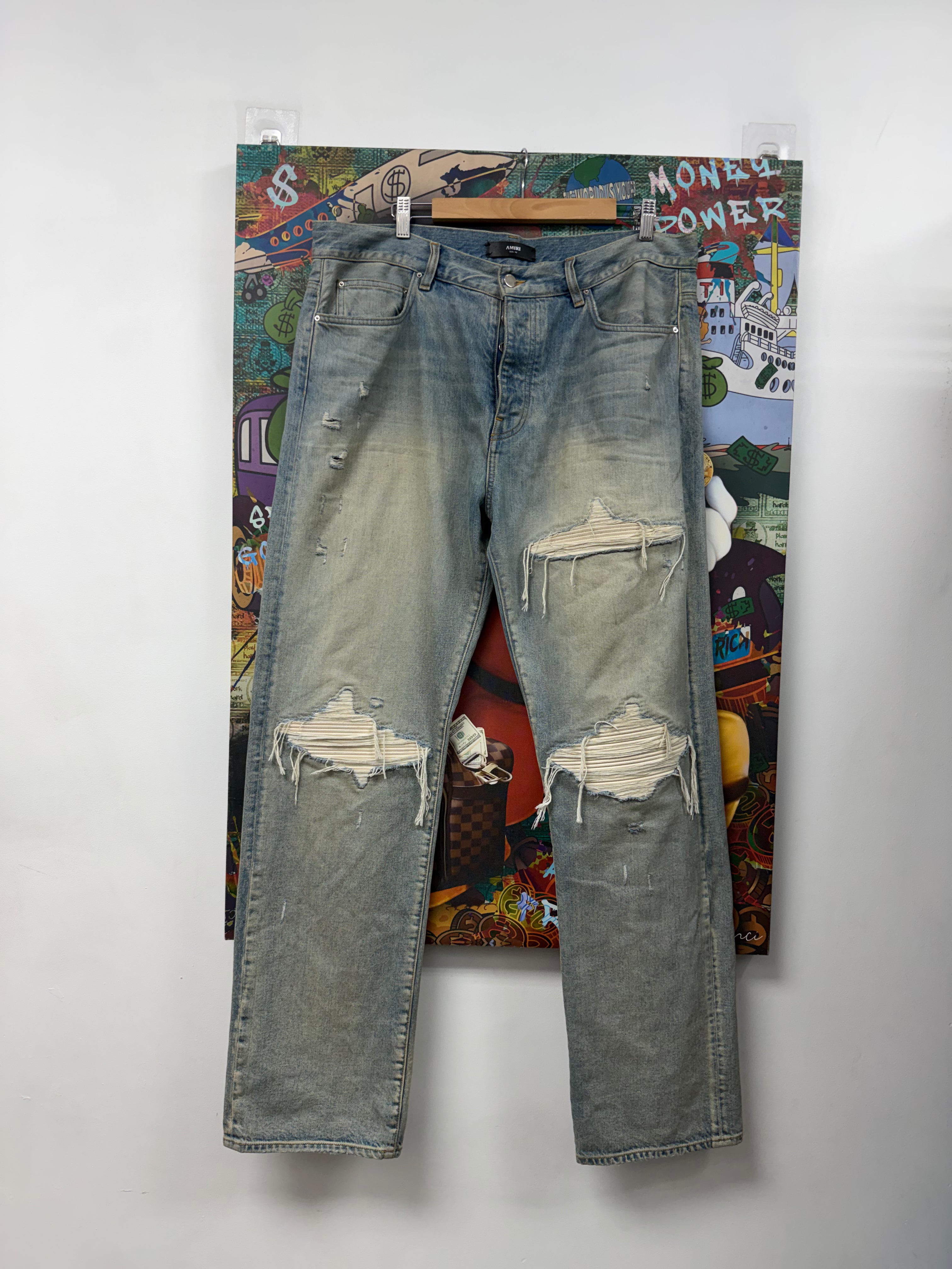 Amiri Mx1 Light Wash Straight Leg White Patch Jeans