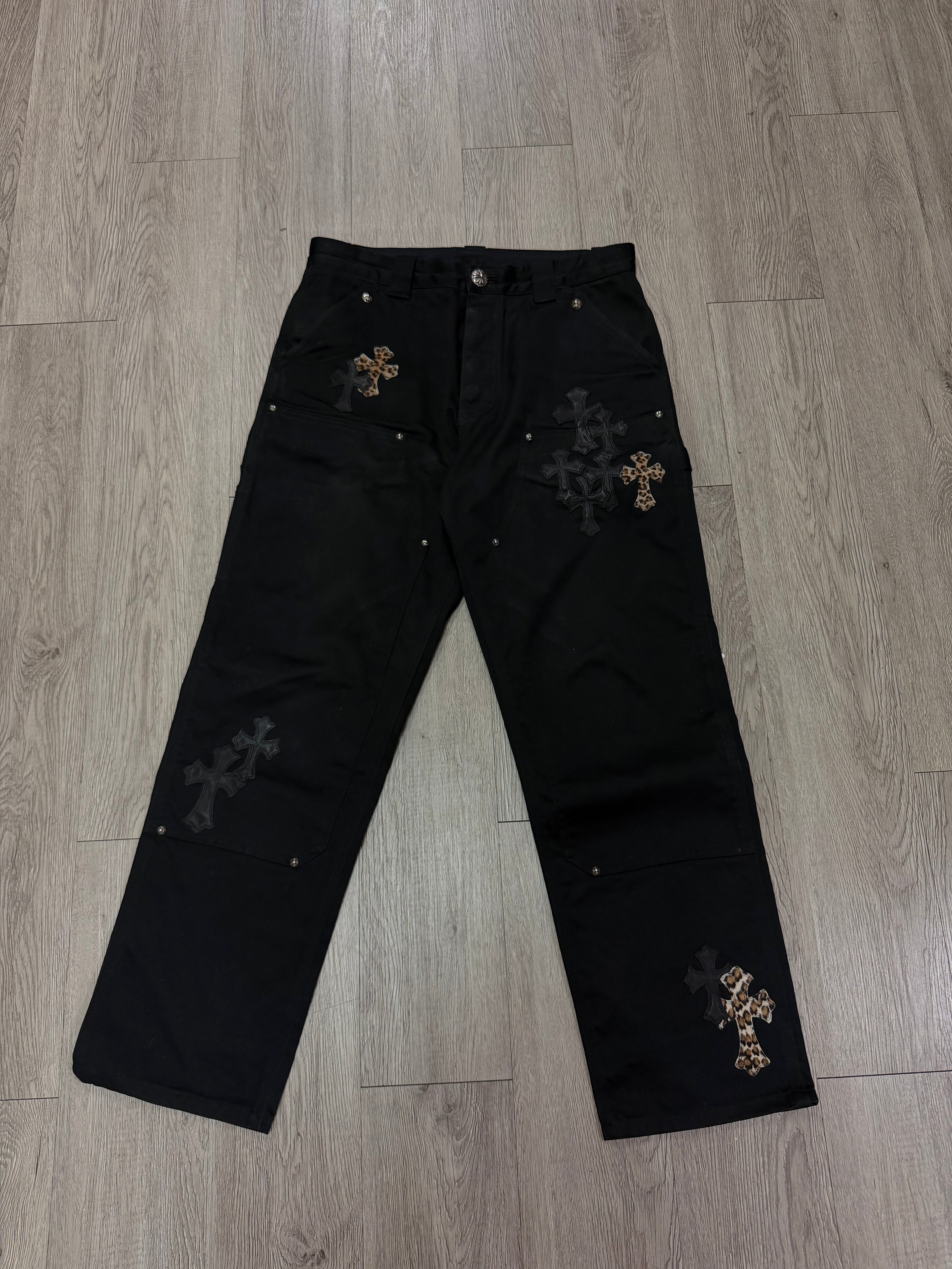 Chrome Hearts Black Cheetah Cross Patch Double Knee Jeans