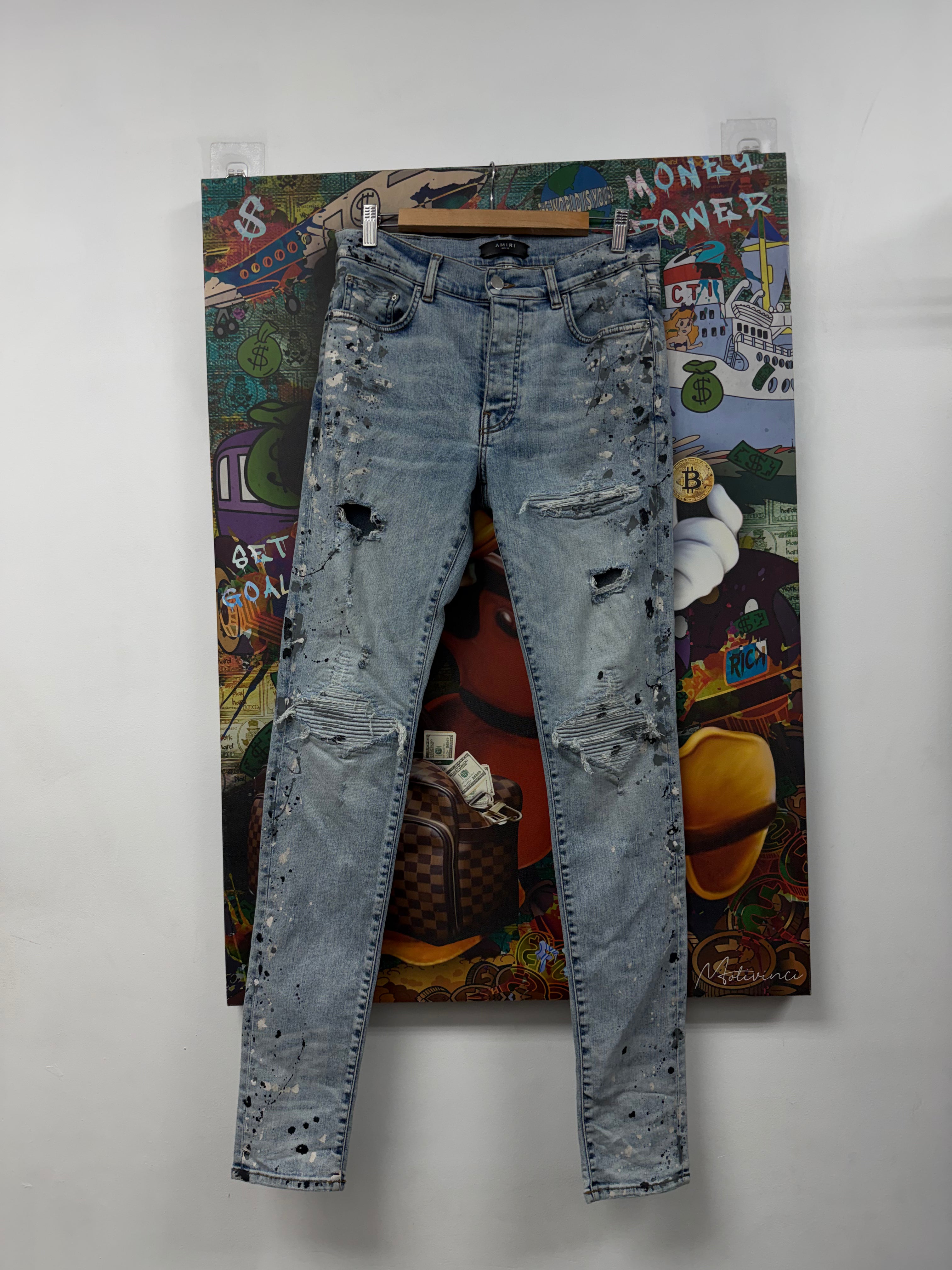 Amiri MX1 Light Wash Grey White Paint Splatter Jeans