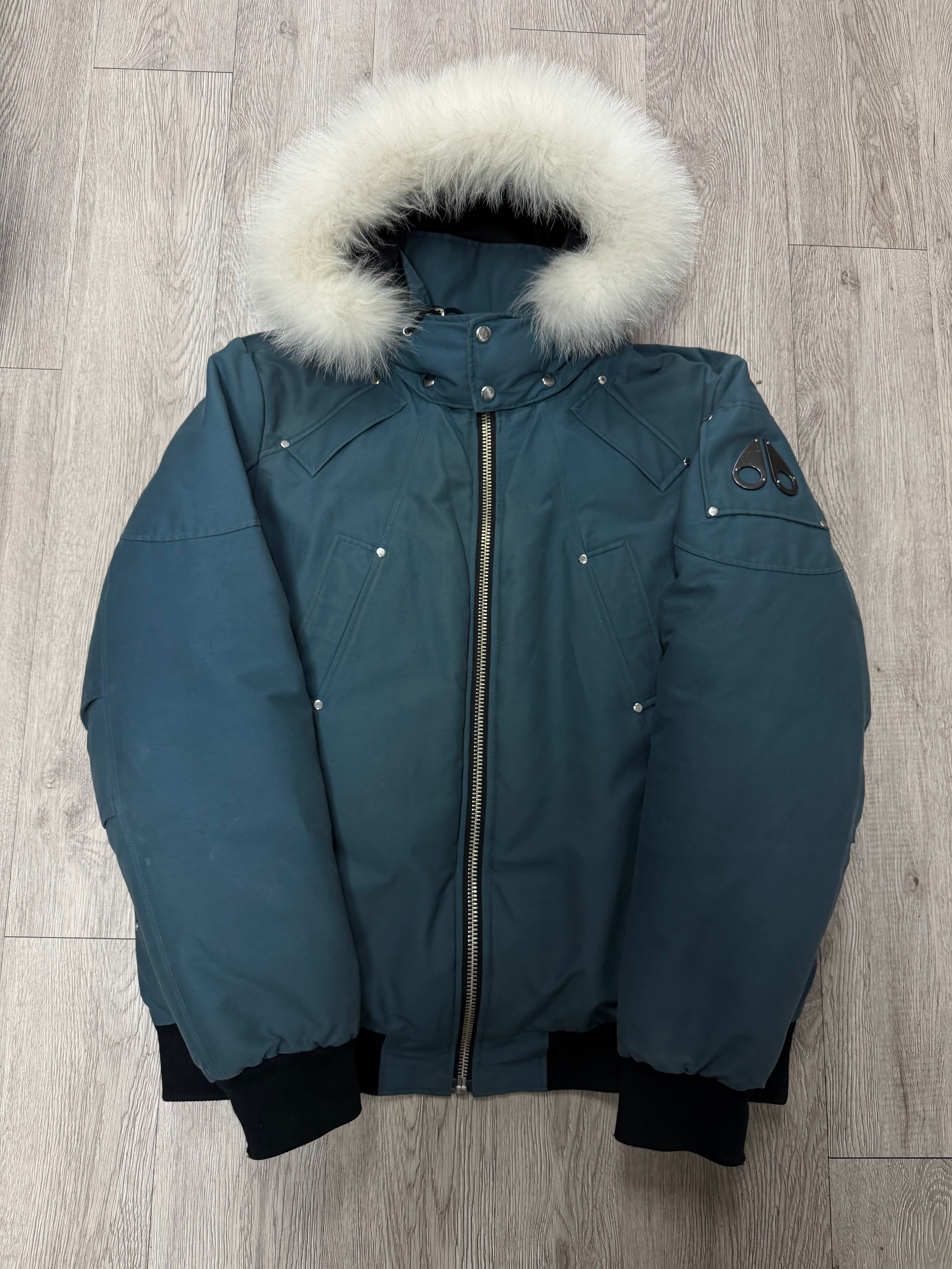 Moose Knuckles Teal White Fur Bomber Jacket