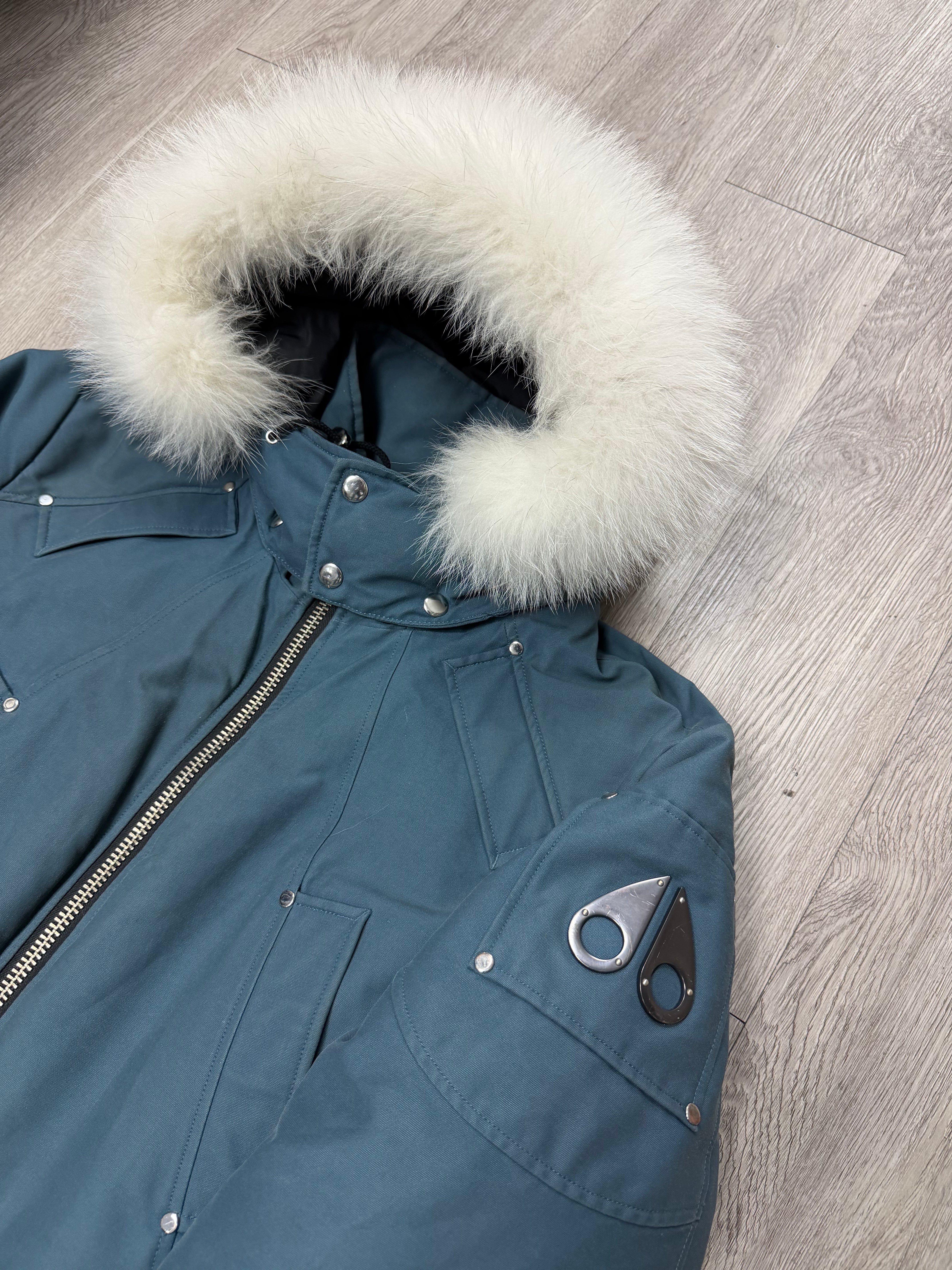 Moose Knuckles Teal White Fur Bomber Jacket