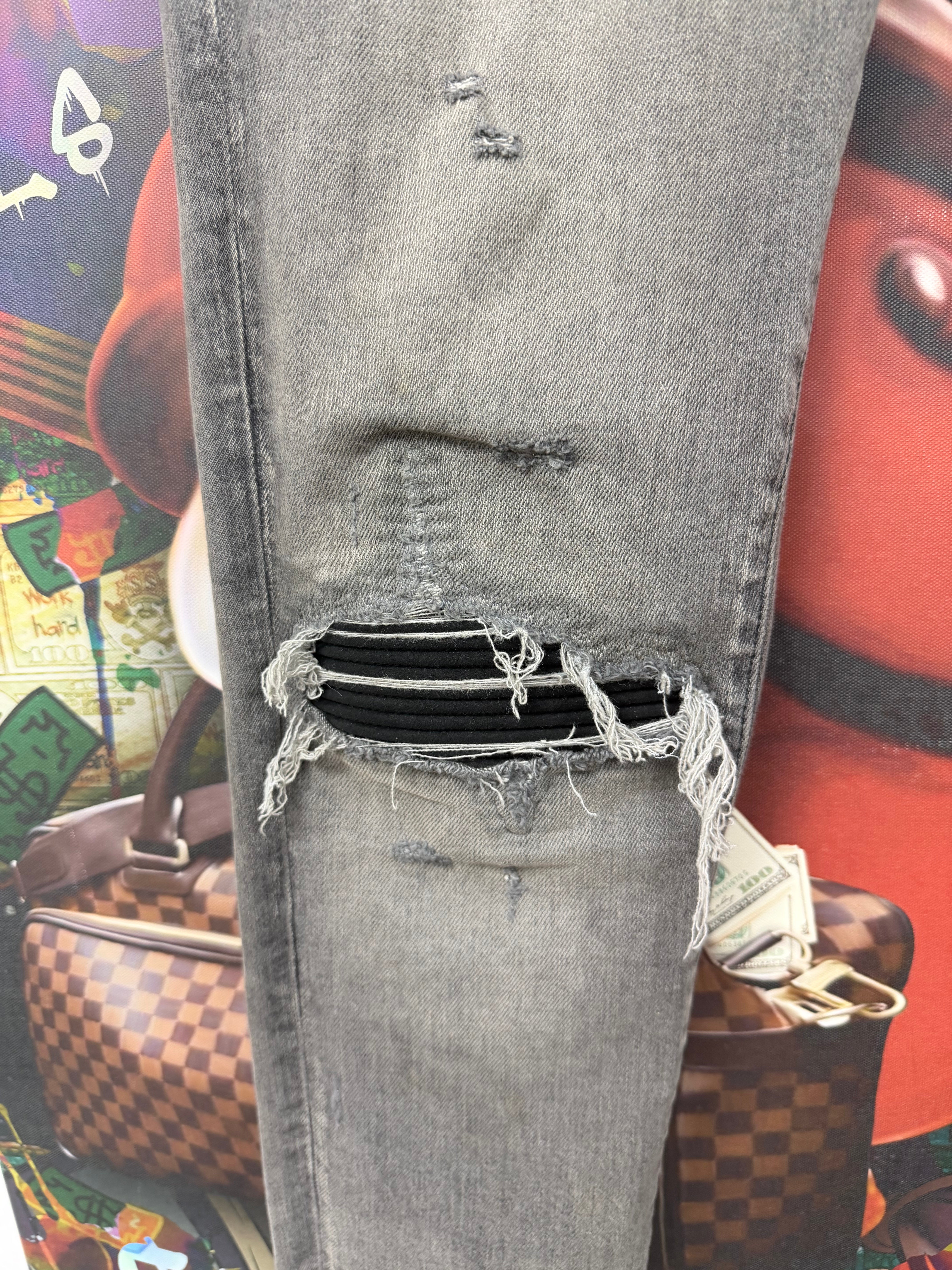 Amiri MX1 Grey Black Suede Patch Jeans
