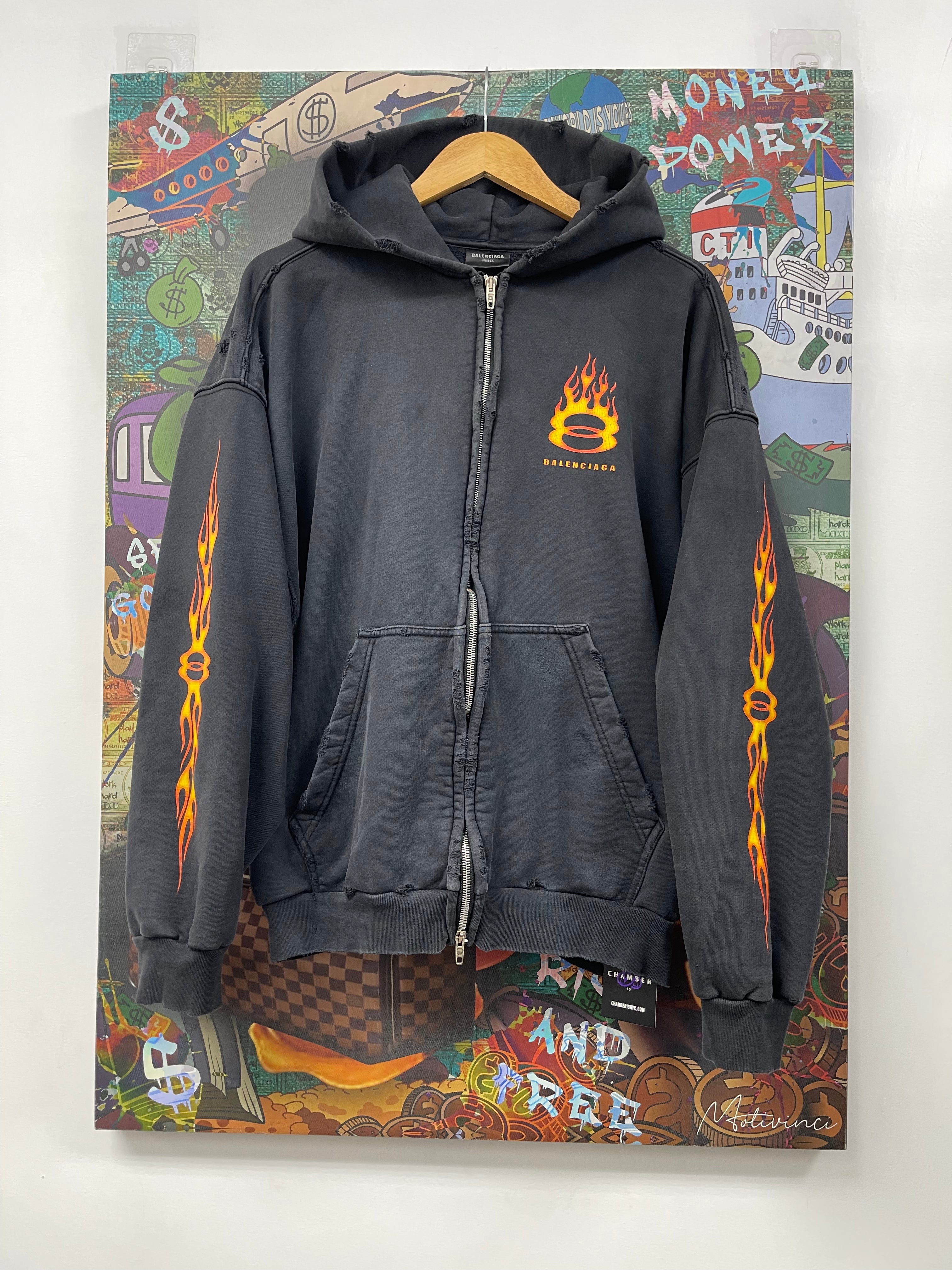 Balenciaga Black Washed Flames Distressed Zip Up